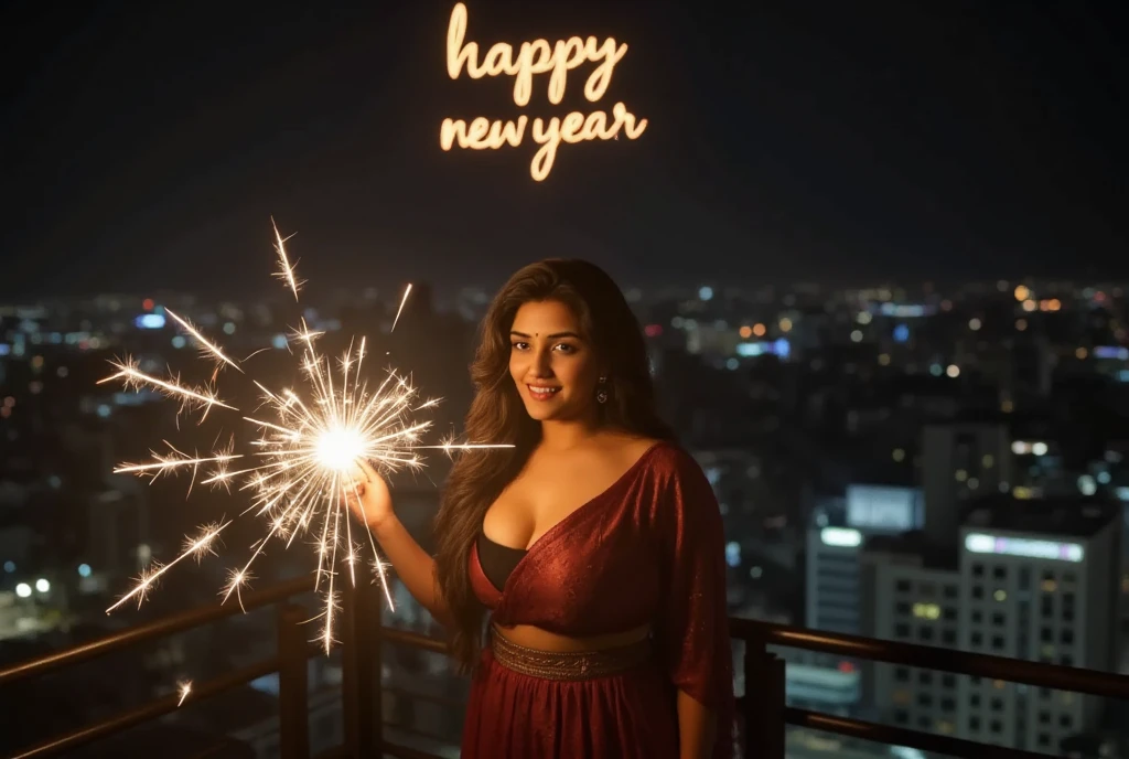 "A woman standing on a city rooftop at night, holding a lit sparkler in her hand. The sparkler creates bright, glowing trails in the dark sky, forming the words 'Happy New Year' in the air as she swings it around. Her outfit is simple but elegant, and the lights from the city below shine brightly, adding to the festive vibe of the scene. The night sky is filled with energy, as the woman's joyful expression reflects the excitement of the moment."