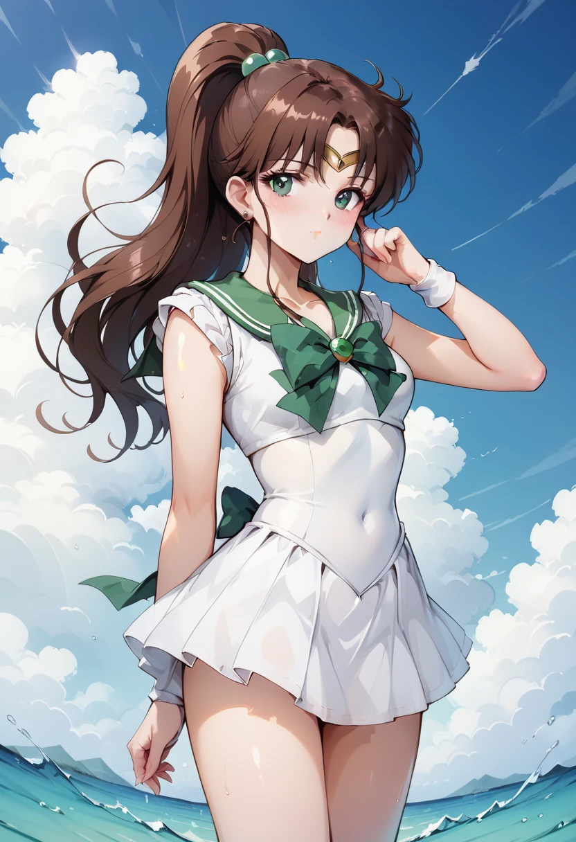 ​masterpiece, top-quality, Hi-Res, Jupiter 1, 1girl in, 独奏, low angles,Sailor Senshi Uniform, the sailor jupiter, Makoto Kino, red brown hair, magical little girl, green colored eyes, White panty, Green skirt,elbowgloves, tiarra, Pleated mini-skirt, green sailor collar, a miniskirt, a choker, background grassland, with blue sky and white clouds,  Green Choker, white glove, poneyTail, jewely, 耳Nipple Ring, Dynamic Posture, Dynamic backgrounds, A smile, (White panty、Show panties:1.2),