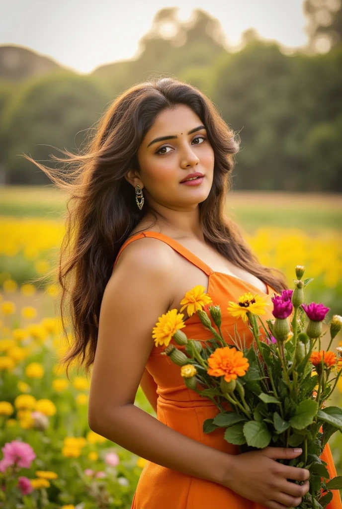 A woman standing in the middle of a lush flower field at dawn, holding a bouquet of colorful wildflowers in her hands. The flowers are arranged so that 'Happy New Year' is subtly written on the petals or leaves, glowing slightly in the soft morning light. The dew on the flowers adds a fresh touch to the scene, while the woman's flowing dress and wind-tousled hair give a sense of serenity and new beginnings."