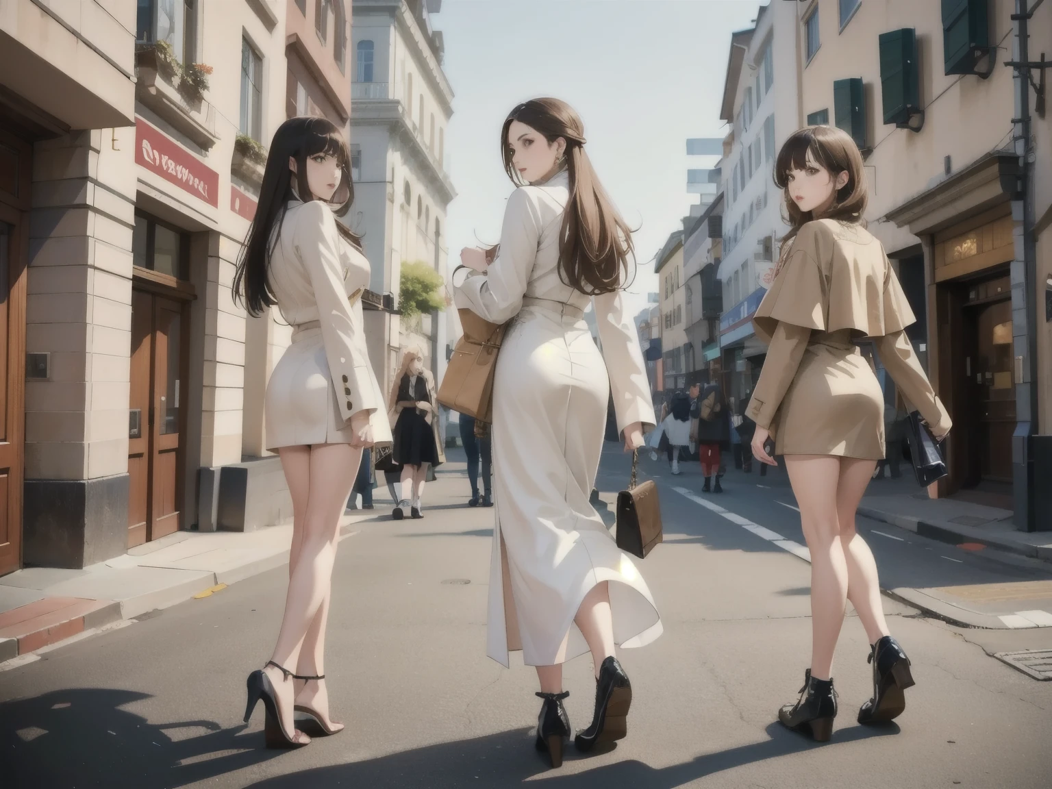 3 girls each with different outfits 、Rear View,Beige Milan Collection 2025 Outfits、 Tall、 beautiful feet、(masterpiece,  top quality :1.2),  high definition 、Background of the street