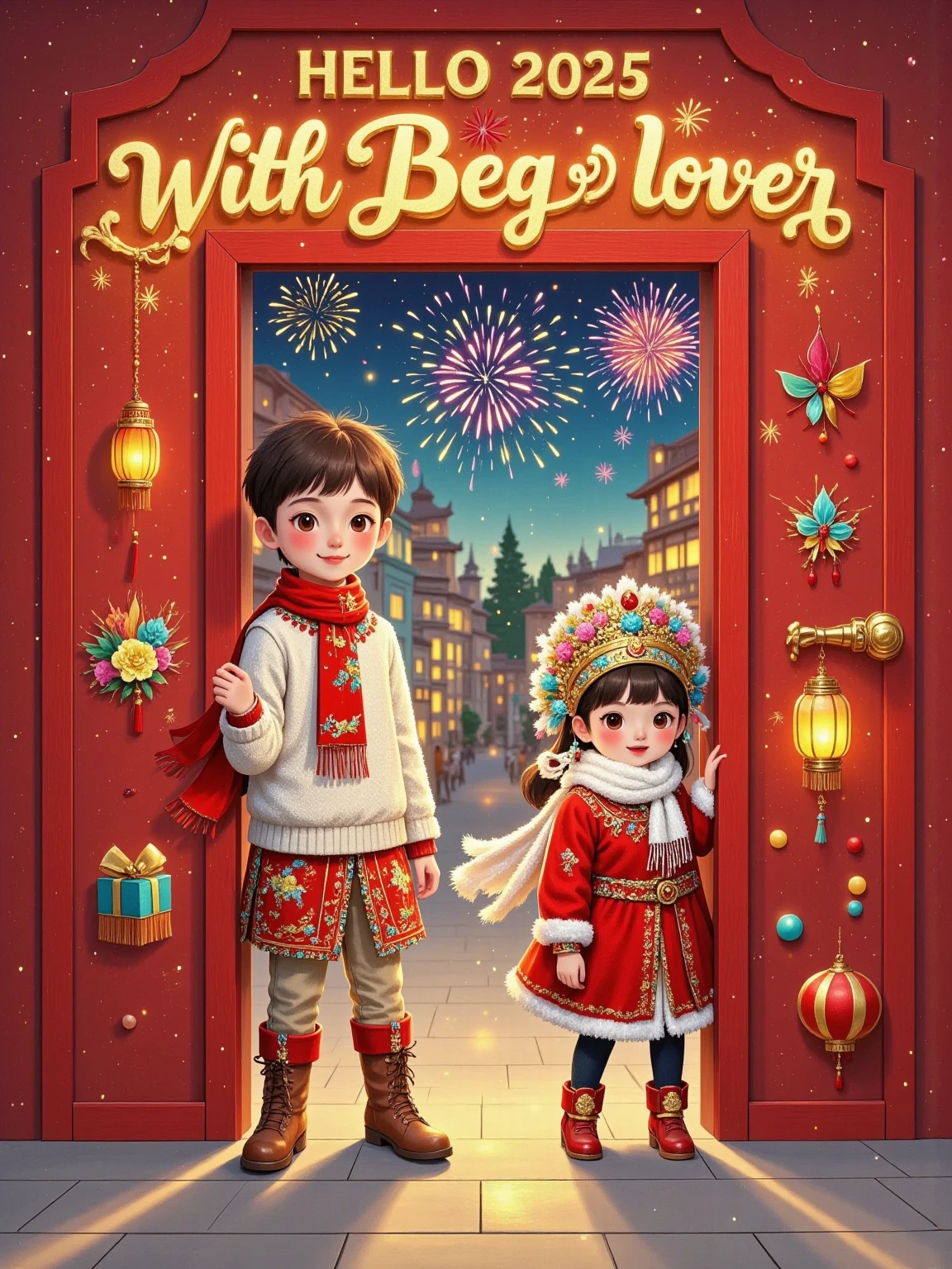 Flat illustration, New Year poster, surreal, glowing text "HELLO 2025" at the top, subtitle "With loved ones", a cute boy (short brown hair, white sweater, red scarf) and a cute girl (long brown hair, red sweater, white scarf) peeking from behind a red door, peeking from behind a solid red wall, rectangular or arched doorway, visually playful, playful expressions, front view, fireworks, particle glow, blurred background, depth of field, whimsical New Year atmosphere, New Year's Eve atmosphere, festive atmosphere, soft lighting, dreamy atmosphere, storytelling, artistic, 8K, masterpiece