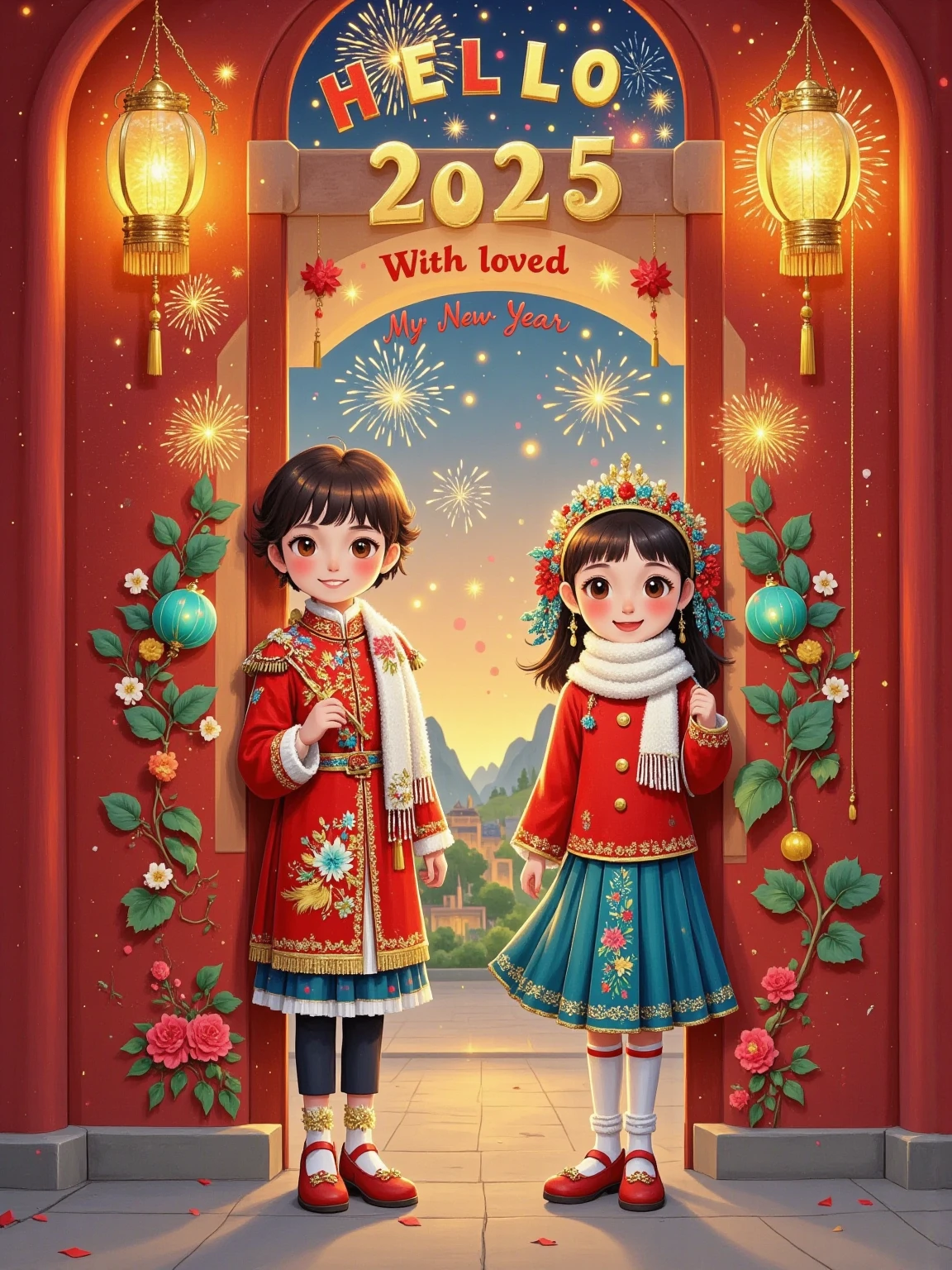 Flat illustration, New Year poster, surreal, glowing text "HELLO 2025" at the top, subtitle "With loved ones", a cute boy (short brown hair, white sweater, red scarf) and a cute girl (long brown hair, red sweater, white scarf) peeking from behind a red door, peeking from behind a solid red wall, rectangular or arched doorway, visually playful, playful expressions, front view, fireworks, particle glow, blurred background, depth of field, whimsical New Year atmosphere, New Year's Eve atmosphere, festive atmosphere, soft lighting, dreamy atmosphere, storytelling, artistic, 8K, masterpiece