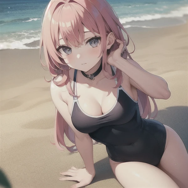 girl with grey eyes , with pink hair , in a black swimsuit on the beach near the sea