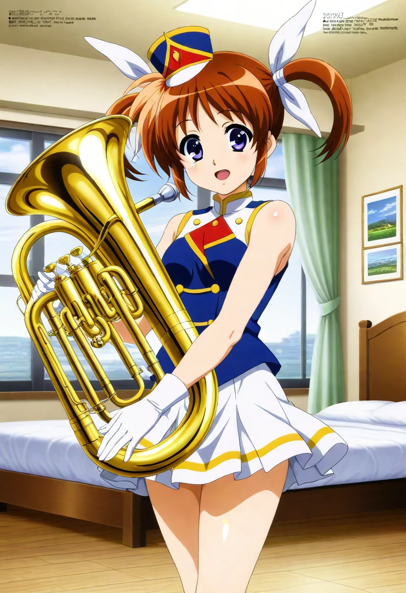 1 Girl,Cowboy Shot,Skirt flip,White lace panties,High quality anime、High resolution, Kumiko、Tabletop,band uniform,sunfes marching band uniform,[3D Images:1.5],[[Attractive eyes,Detailed eyes、Shining Eyes, Colorful eyes:1.15],whole、Looking at the audience,8K images,Cute Anime Girl
