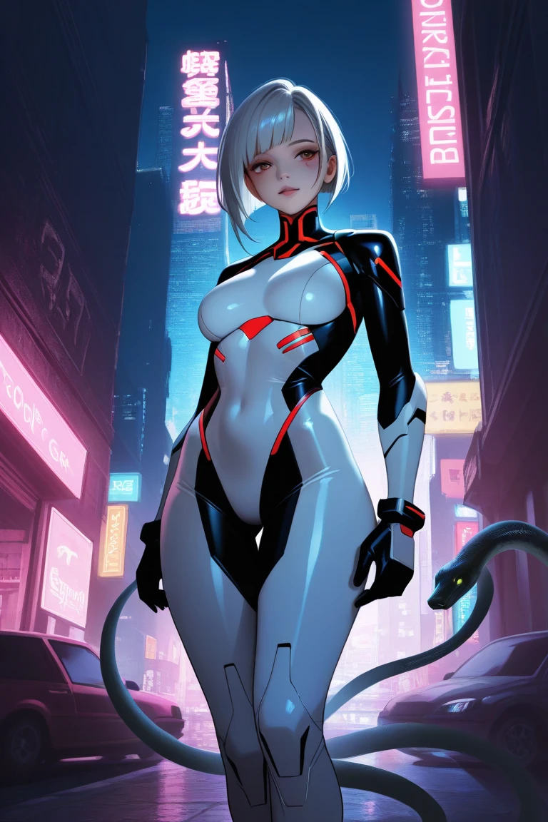  real、 cyberpunk、Rin wears a powered suit with the motif of a snake standing in the city of the near future々Beautiful girl