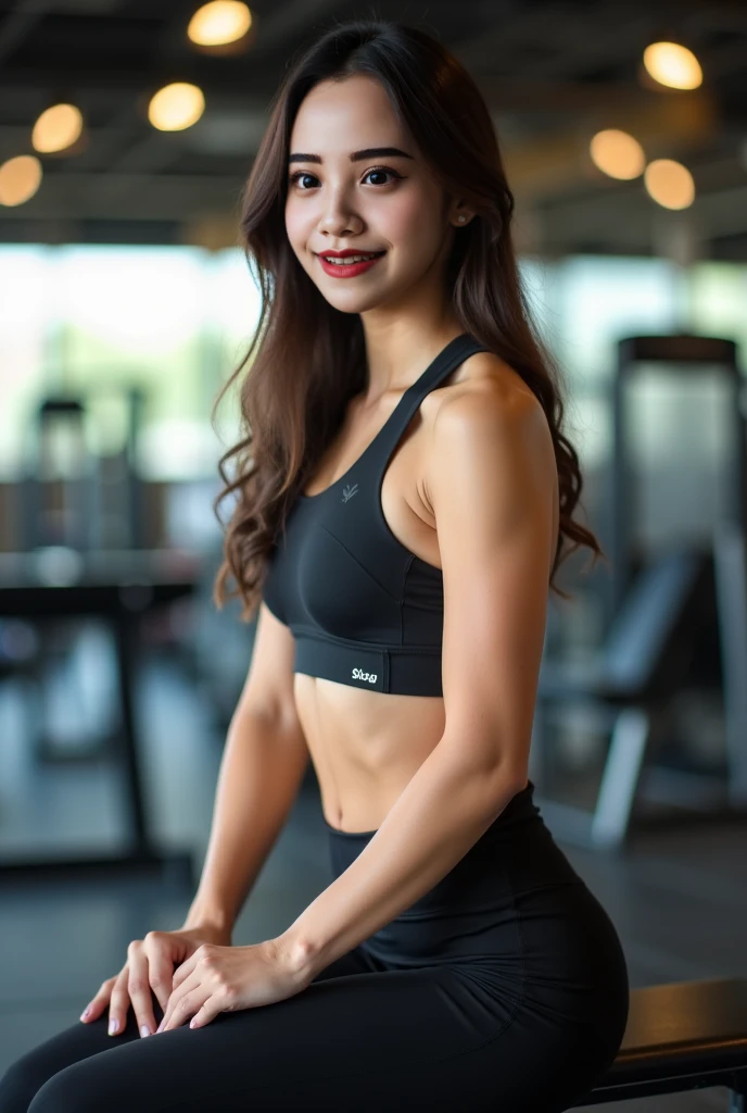 ((Highest quality, 8K, masterpiece: 1.3)), One Girl, Standing upright at the gym, ((Wearing plain short tight pants)), Brown Hair, Very Short Hair、Tied Hair、Bright fitness gym、（Large fitness room:1.6）、Large windows、Large space、Many people々、Standard body type、D cup breasts、（smile:1.6）、Morning Scenery