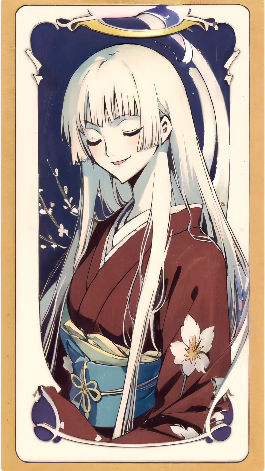 (masterpiece,best quality)), { ichihara_yuuko : blunt_hair : long_hair : pale skin : close eyes} {  : perfectly shape breast : : perfectly slender body  :  } { japanese_kimono } {elegant_potrait} { smile :  } { yellow_clow_card }