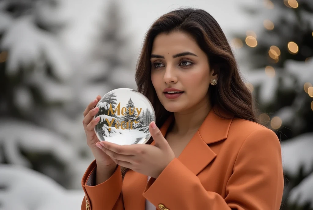 "A woman standing in a winter wonderland, holding a snow globe in her hands. Inside the snow globe, 'Happy New Year' is written in shimmering gold letters, with tiny snowflakes gently falling around it. The woman is surrounded by snow-covered trees and sparkling lights, and her soft, warm coat contrasts against the cold, snowy background. The snow globe reflects the magic of the scene, making it feel like a dreamlike moment of celebration.