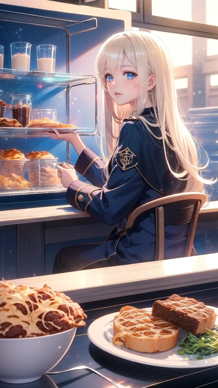  anime style . Landscape images. School cafeteria. Blonde、 long haired and blue-eyed girl without bangs、 wear a uniform、She （ is having a meal with her dark-haired girlfriend ） in the cafeteria .  is arguing about something   