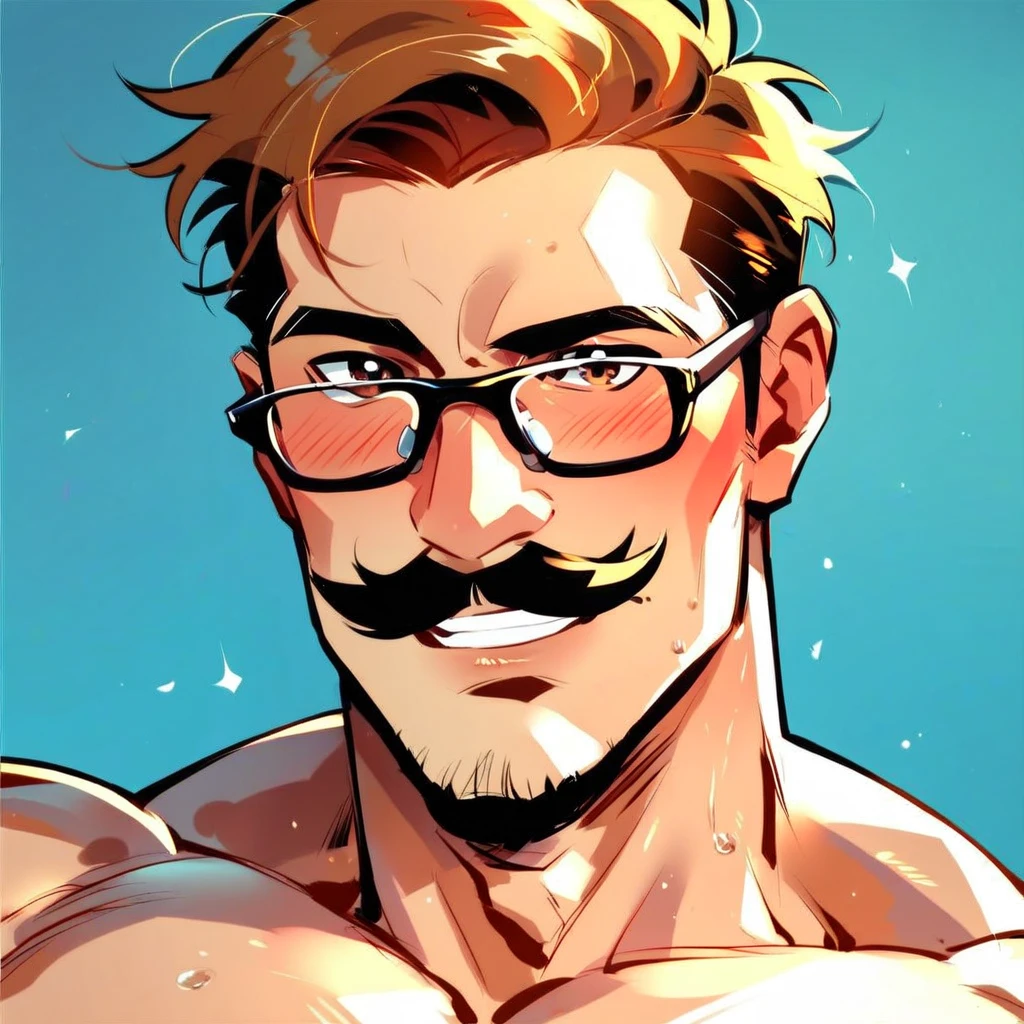 score_9, score_8_up, score_7_up, score_6_up, score_5_up, score_4_up, 1boy, abs, bara, glasses, large pectorals, looking at viewer, male focus, mature male, muscular, muscular male, , pectorals, short hair, smile, solo, spiked hair, thick eyebrows,  male <lora:greenteaa-Pony-XL-v6:1>