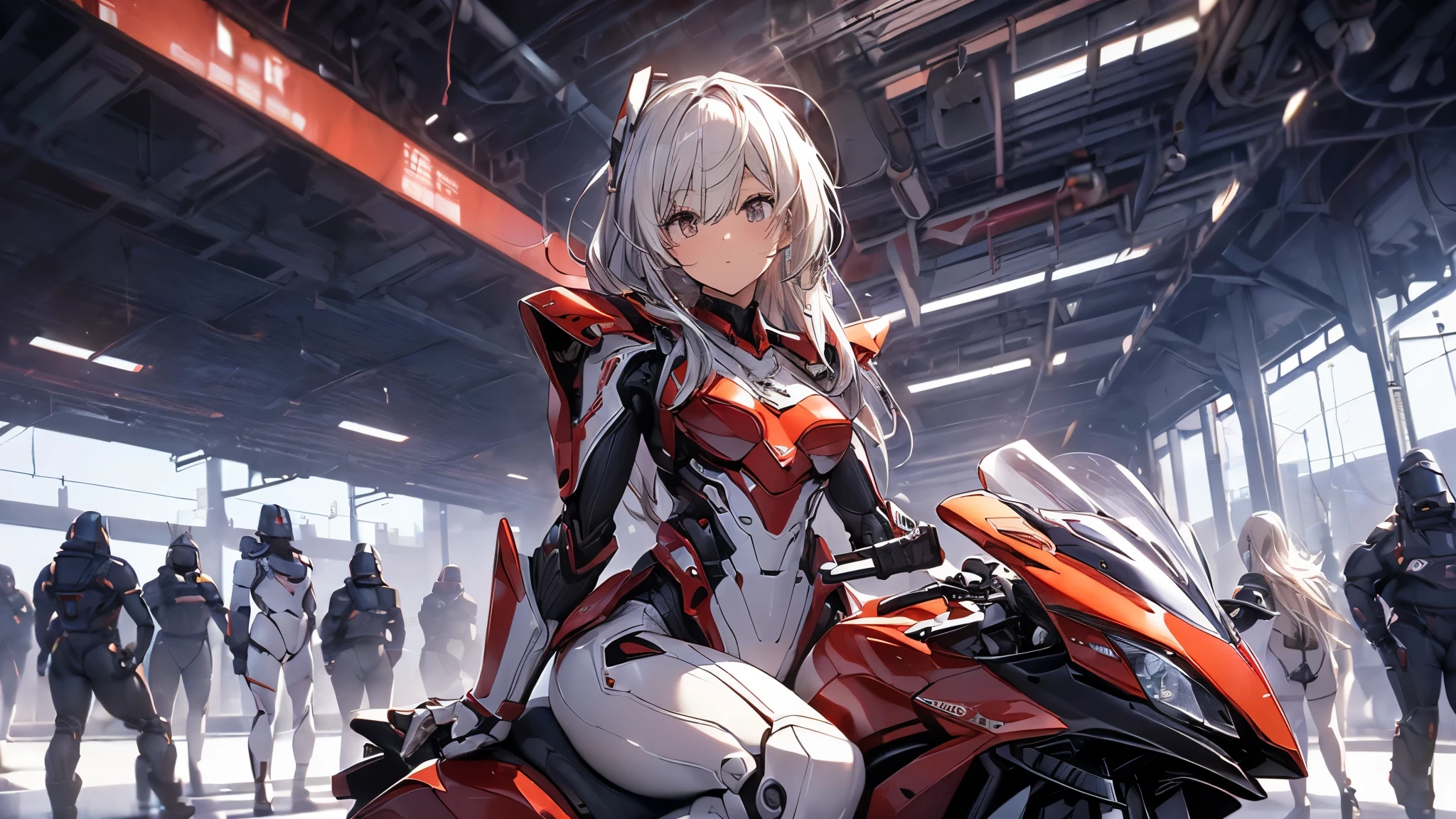 (( top quality 、 excitement 、 complete anatomy、Five fingers、Full Arms、 Details)),woman,(((日本人woman、 Look Down、Alone, slightly brownish white hair、Hair that goes up to the shoulders 、red streaked hair,robot、robot suit,big lobot behind girl,cockpit,ride off,bent over,Installation、 size large clothes、Dressing、 undress, emphasizes body lines 、open legs,)))