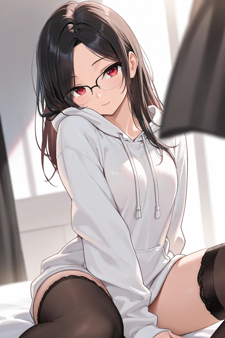 ((best quality)), ((masterpiece)), femboy, dark parted hair, cute eyes, elegant look, no bottom, long white hoodie, red eyes, thigh highs, glasses, long legs