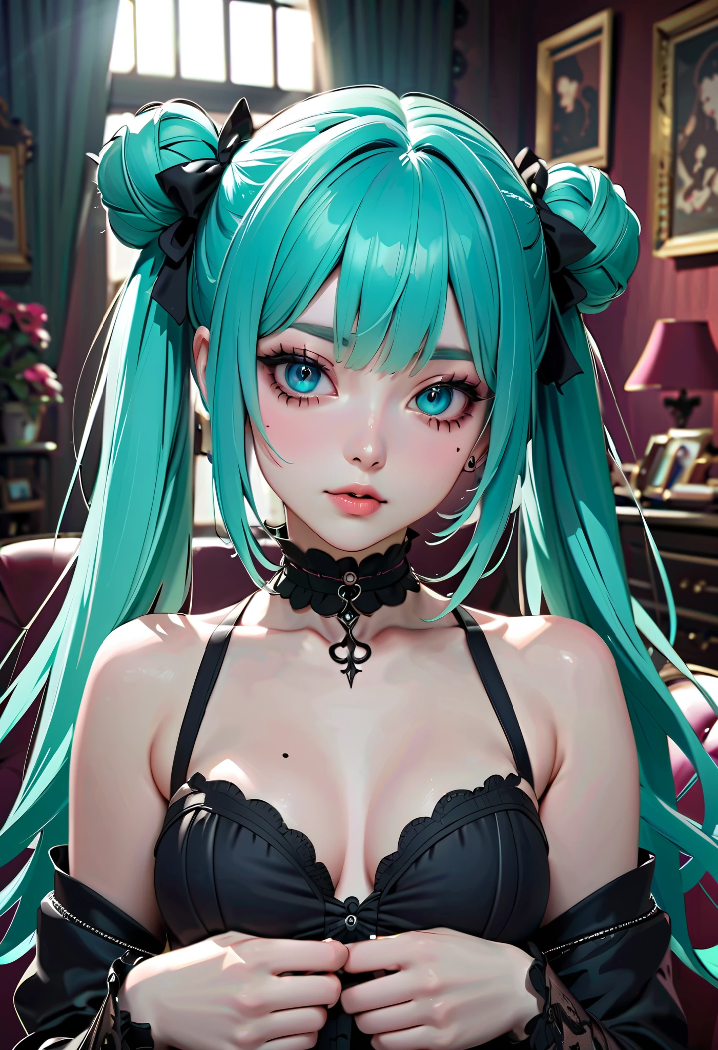 Gothic horror outfit Hatsune Miku Perfect and detailed facial expression Perfect and detailed eye depiction Perfect and detailed hair Perfect upper body drawing Big Tits His face and clothes were covered in blood.