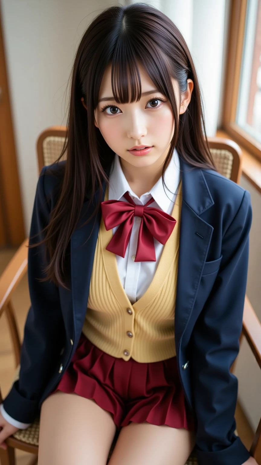 masterpiece, top quality, ultra high definition, illustration, colorful, flat color, depth of field, lens flare, one girl, anime, sitting, dark hair, looking at viewer, school, classroom, pleated miniskirt , School uniform, Seraphuku, black pantyhose, detailed texture, detailed cloth texture, beautiful detailed face,