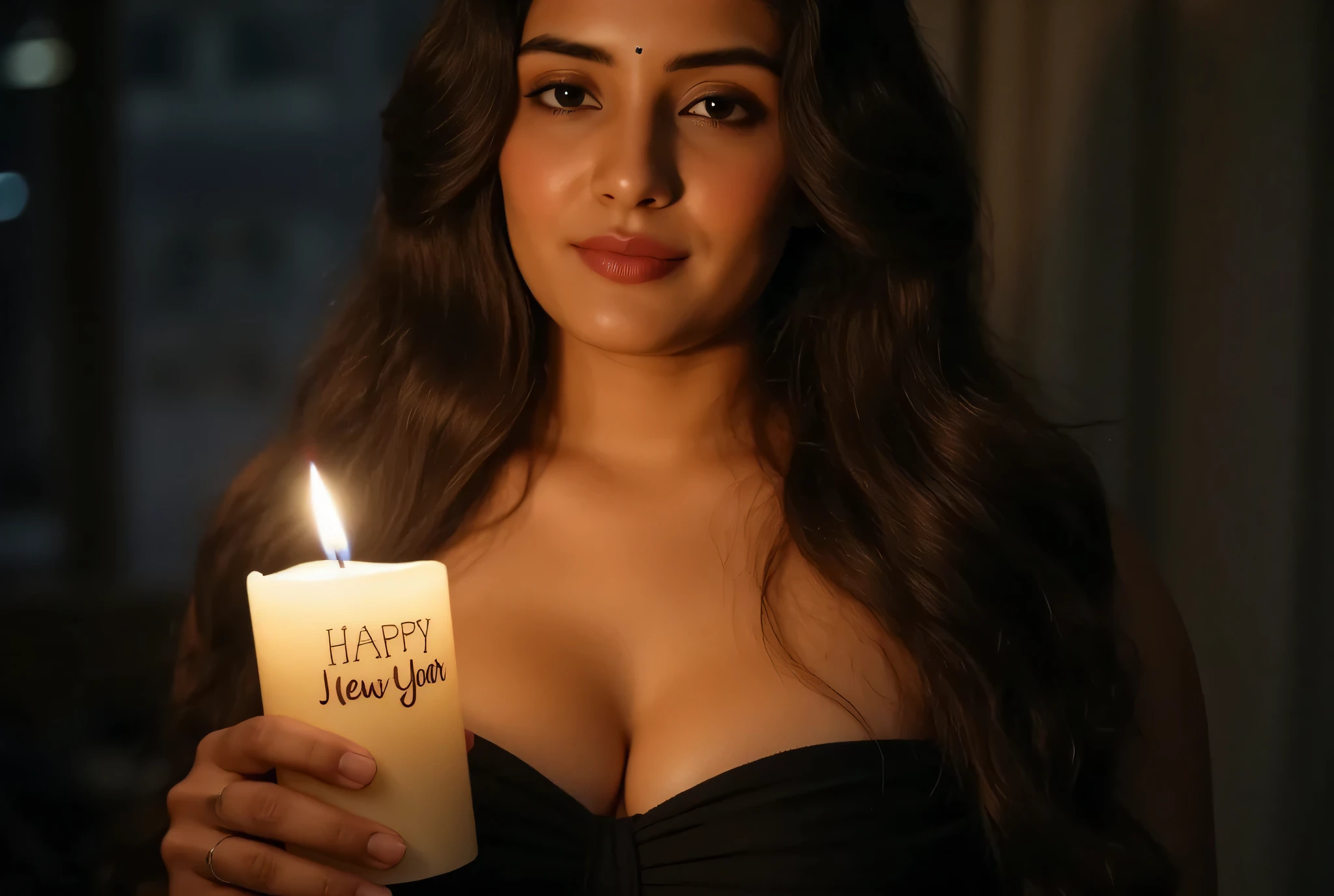 A woman standing in a dimly lit room, holding a flickering candle in one hand. The candle's flame casts soft, warm light on her face, and 'Happy New Year' is written in delicate, gold lettering on the candle holder. The shadows of the room add a sense of intimacy, while the warm glow of the candle creates a peaceful and reflective moment as the woman looks forward to the new yea