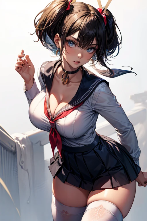 (Realistic:1.5), (masterpiece, Extremely detailed 8K CG, Sharp lines), high school girl, Black-haired, 美しいアニメのhigh school girl, Smooth anime CG art, 美しいアニメのhigh school girl, Beautiful Anime Girls, (1 beautiful girl:1.2), Detailed skin, (Glowing Skin:1.7), (Beautiful short black hair.:1.4), Beautiful black hair, blue eyes, (A lot of sweat:1.2), (Drunk Eyes:1.6), (orgasm:1.5), (In the heat:1.5), (Flat Chest:1.6), (Emaciated:1.9), (school uniform, Sailor suit, Dark blue pleated skirt:1.4), (Brown belt:1.5),(red watch:1.5),(No sleeve:1.2), (head shot:1.1), Wet, alone, one person's, (Shooting from above:1.2), (Leaning forward:1.6), In the classroom, (Open your mouth:1.3), (Tight fitting clothes:1.0), (blush:1.3), (Clear drool overflows from his mouth and drips down his chin.:1.3), (Half closed eyes:1.3), (Put your arms behind your back:1.2), (convergent strabismus:2.4), (Lament:1.2)
