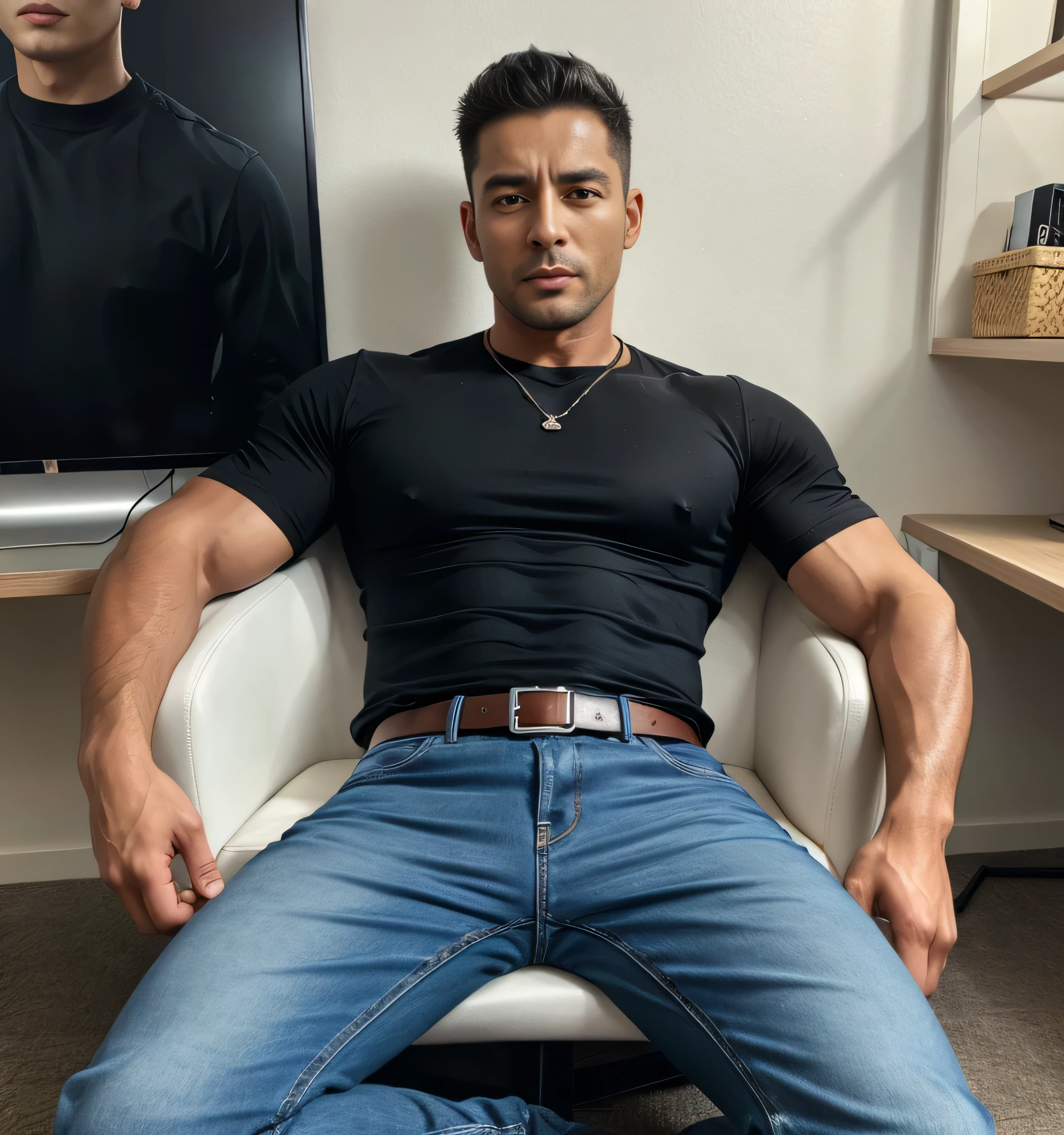 Um Homem (((gordo e peludo))) usando somente cueca boxer, sem roupa, Pose sensual e viril sentada, FOTO DO MODELO, sensual, manly, Trucker wearing cap, Homem, rechonchudo, Professional Color Grading, sombras suaves, sem contraste, clean sharp focus, cinematic movie photograph