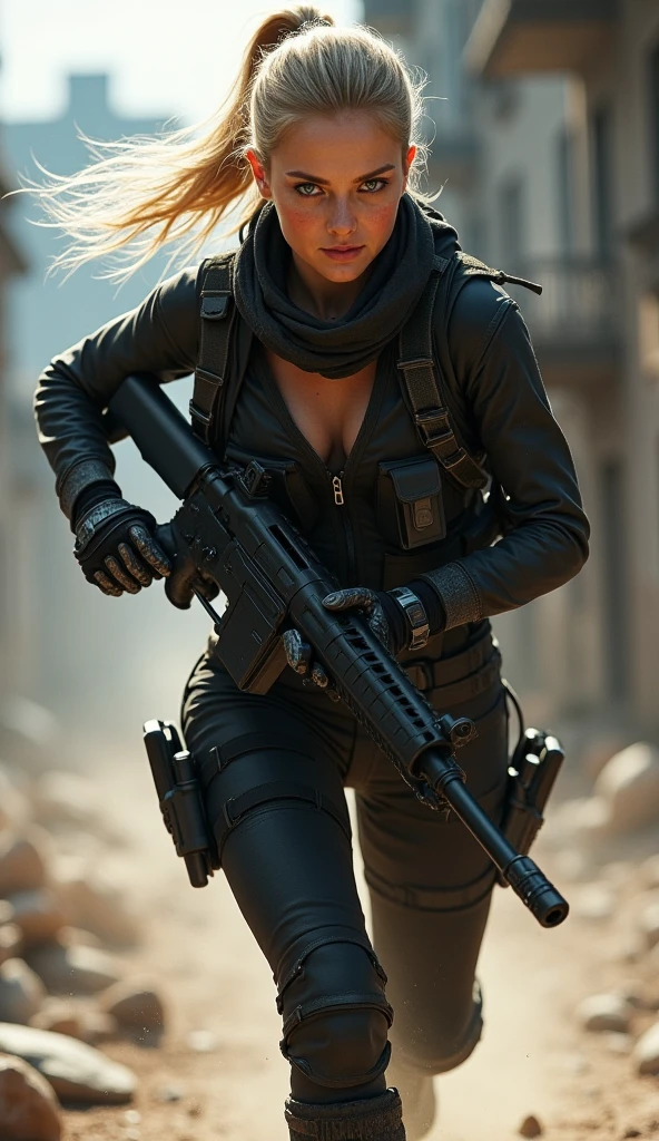 3D ultra-realistic rendering of a striking German woman, sexy, hot babes, big boobs, a professional mercenary, in the midst of a dynamic action scene. She has piercing blue eyes and blonde hair tied in a neat ponytail, strands flying as she sprints forward with determination. She is dressed in tactical black gear, including a fitted utility vest, combat pants, gloves, and rugged boots, designed for agility and durability, clothes are slightly open, breasts are slightly visible. In her hands, she clutches a sleek SMG, ready for action. The background depicts an abandoned urban battlefield, with crumbling buildings and scattered debris, adding to the intense atmosphere. Cinematic lighting enhances the realism, with dust and motion blur highlighting her swift movements.
