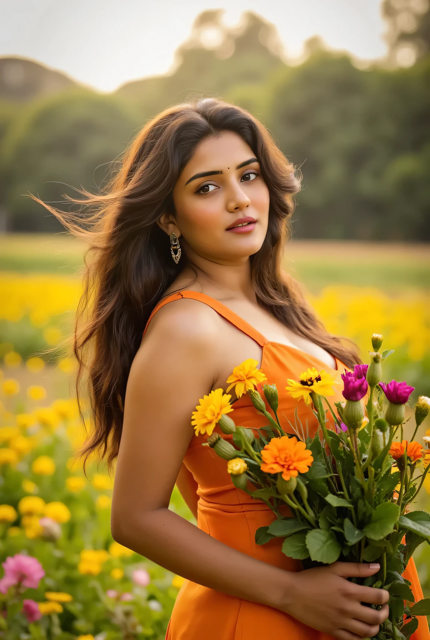 A woman standing in the middle of a lush flower field at dawn, holding a bouquet of colorful wildflowers in her hands. The flowers are arranged so that 'Happy New Year' is subtly written on the petals or leaves, glowing slightly in the soft morning light. The dew on the flowers adds a fresh touch to the scene, while the woman's flowing dress and wind-tousled hair give a sense of serenity and new beginnings."