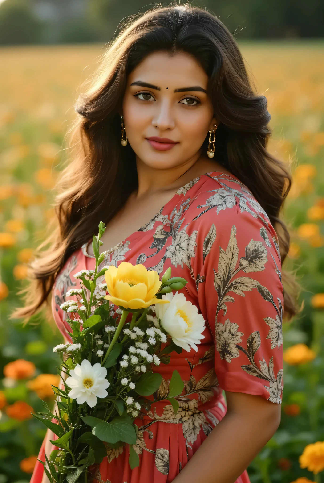 A woman standing in the middle of a lush flower field at dawn, holding a bouquet of colorful wildflowers in her hands. The flowers are arranged so that 'Happy New Year' is subtly written on the petals or leaves, glowing slightly in the soft morning light. The dew on the flowers adds a fresh touch to the scene, while the woman's flowing dress and wind-tousled hair give a sense of serenity and new beginnings."