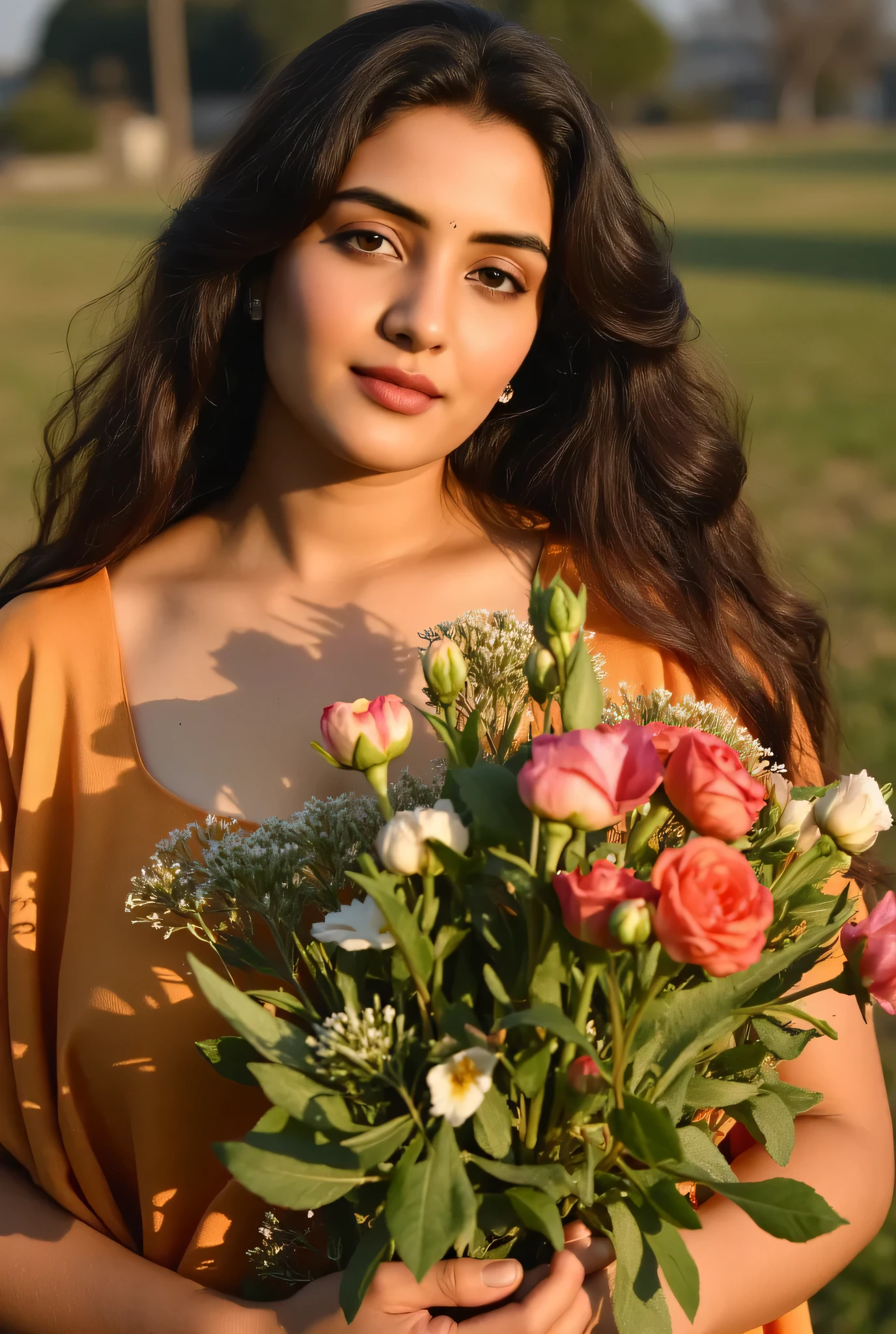 A woman standing in the middle of a lush flower field at dawn, holding a bouquet of colorful wildflowers in her hands. The flowers are arranged so that 'Happy New Year' is subtly written on the petals or leaves, glowing slightly in the soft morning light. The dew on the flowers adds a fresh touch to the scene, while the woman's flowing dress and wind-tousled hair give a sense of serenity and new beginnings."