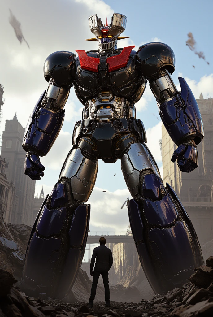  a highly realistic version of the modified Mazinger Z ,    is 100 meters tall and in a battle pose leaning forward