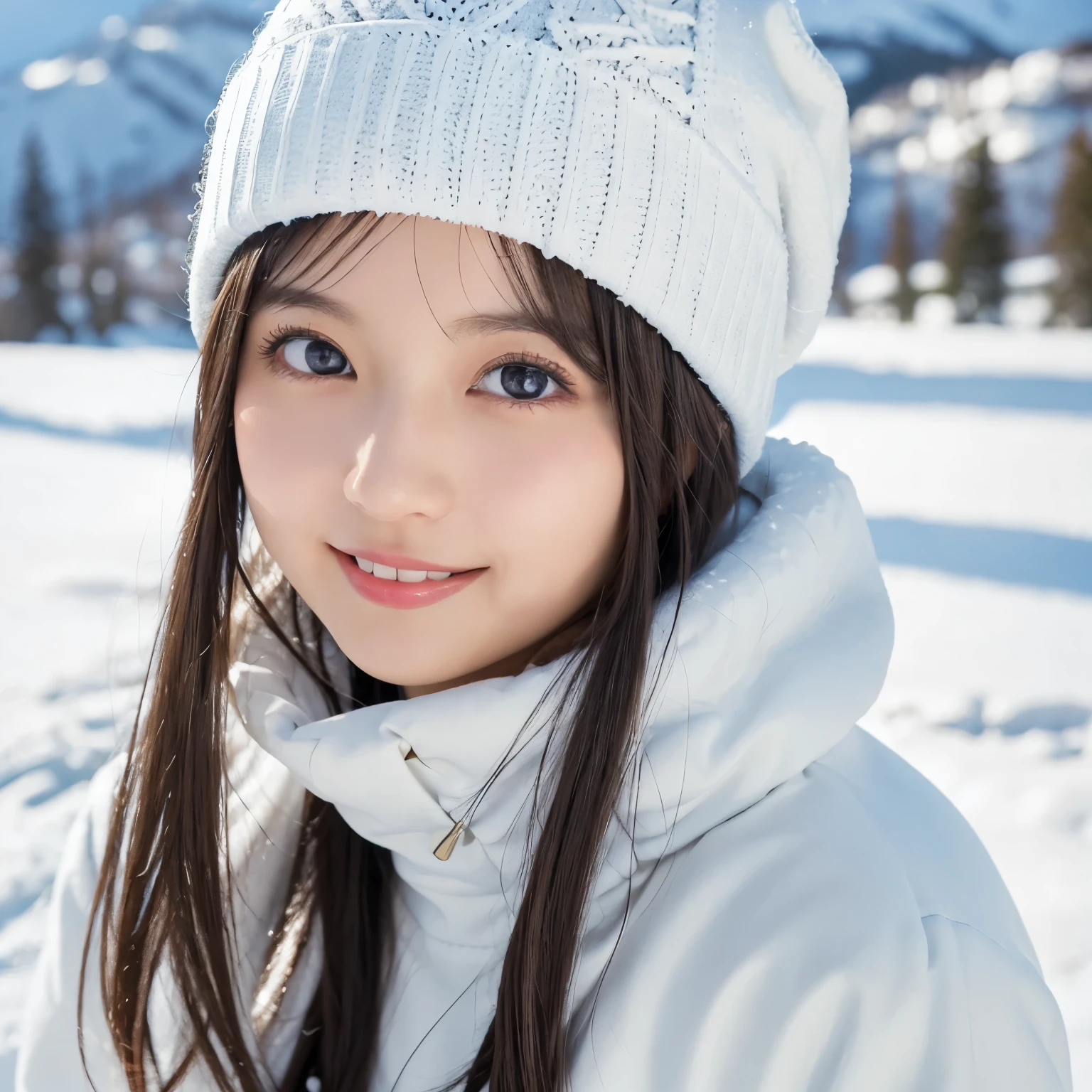 White ski wear, White knit hat,  portrait above the chest , The background blurs the snowy landscape ,  smiling and staring at the camera ,  Angle from Below ,  winter cleanliness and friendly atmosphere,  girl, busty,  black hair,  straight hair,  with bangs, 's greatest masterpiece,  professional lighting