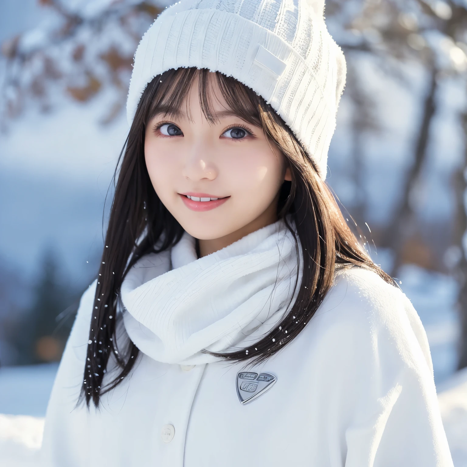 White ski wear, White knit hat,  portrait above the chest , The background blurs the snowy landscape ,  smiling and staring at the camera ,  Angle from Below ,  winter cleanliness and friendly atmosphere,  girl, busty,  black hair,  straight hair,  with bangs, 's greatest masterpiece,  professional lighting