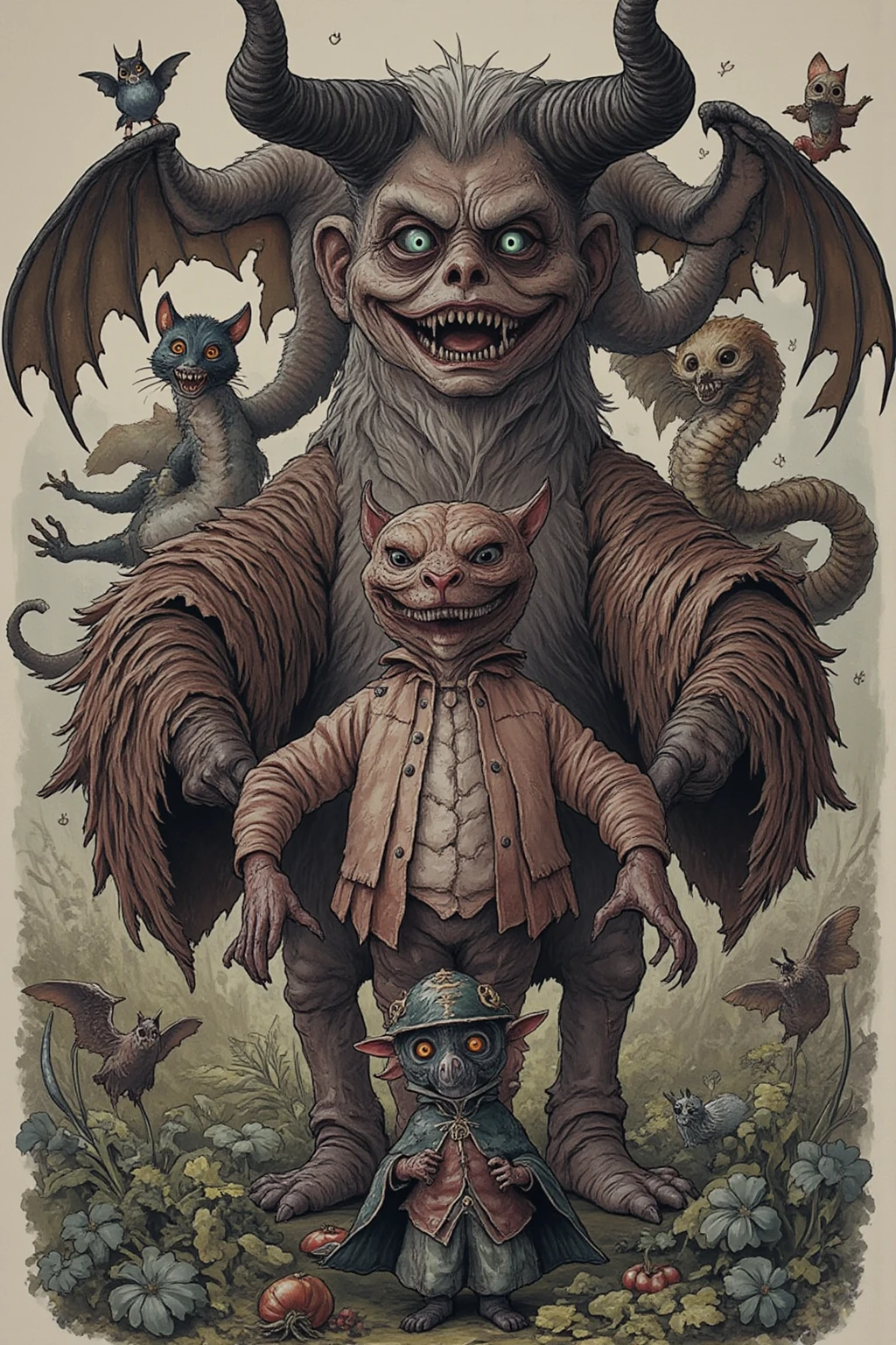 strange, mysterious and dark artwork, slightly horror-like monsters, masked figures, giants, Alice in Wonderland and Charlie and the Chocolate Factory-esque, various effects, delicate and dynamic textures, contrasts of light and shadow, portrait, BREAK ultra detailed, absolutely resolution, best quality,solo,monster