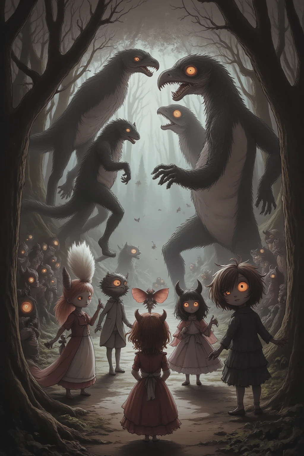 strange, mysterious and dark artwork, slightly horror-like monsters, masked figures, giants, Alice in Wonderland and Charlie and the Chocolate Factory-esque, various effects, delicate and dynamic textures, contrasts of light and shadow, portrait, BREAK ultra detailed, absolutely resolution, best quality