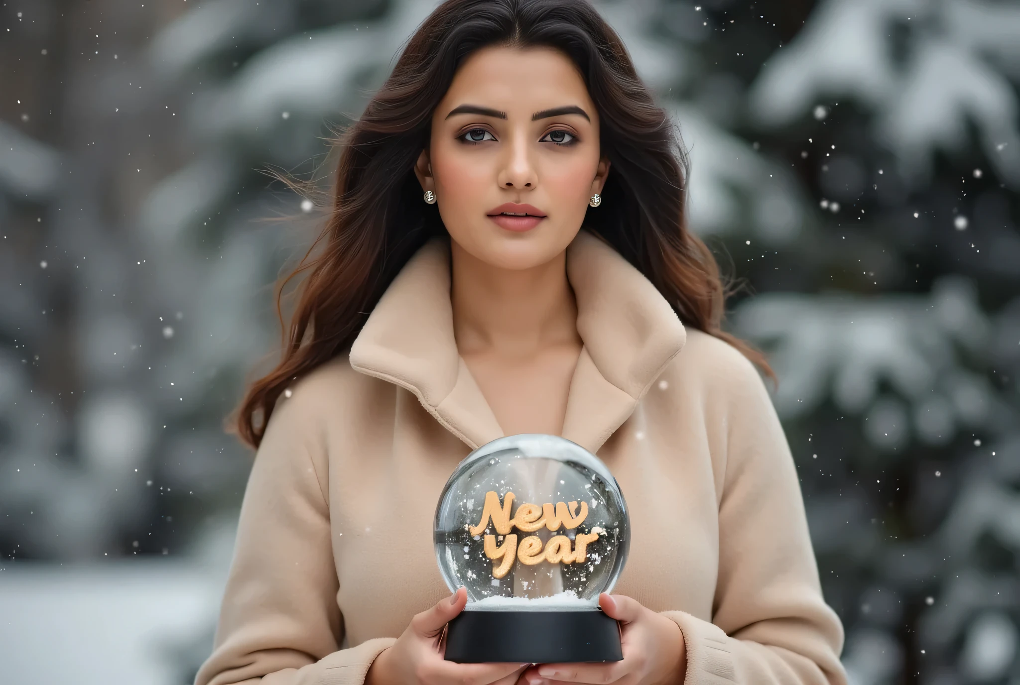 "A woman standing in a winter wonderland, holding a snow globe in her hands. Inside the snow globe, 'Happy New Year' is written in shimmering gold letters, with tiny snowflakes gently falling around it. The woman is surrounded by snow-covered trees and sparkling lights, and her soft, warm coat contrasts against the cold, snowy background. The snow globe reflects the magic of the scene, making it feel like a dreamlike moment of celebration.