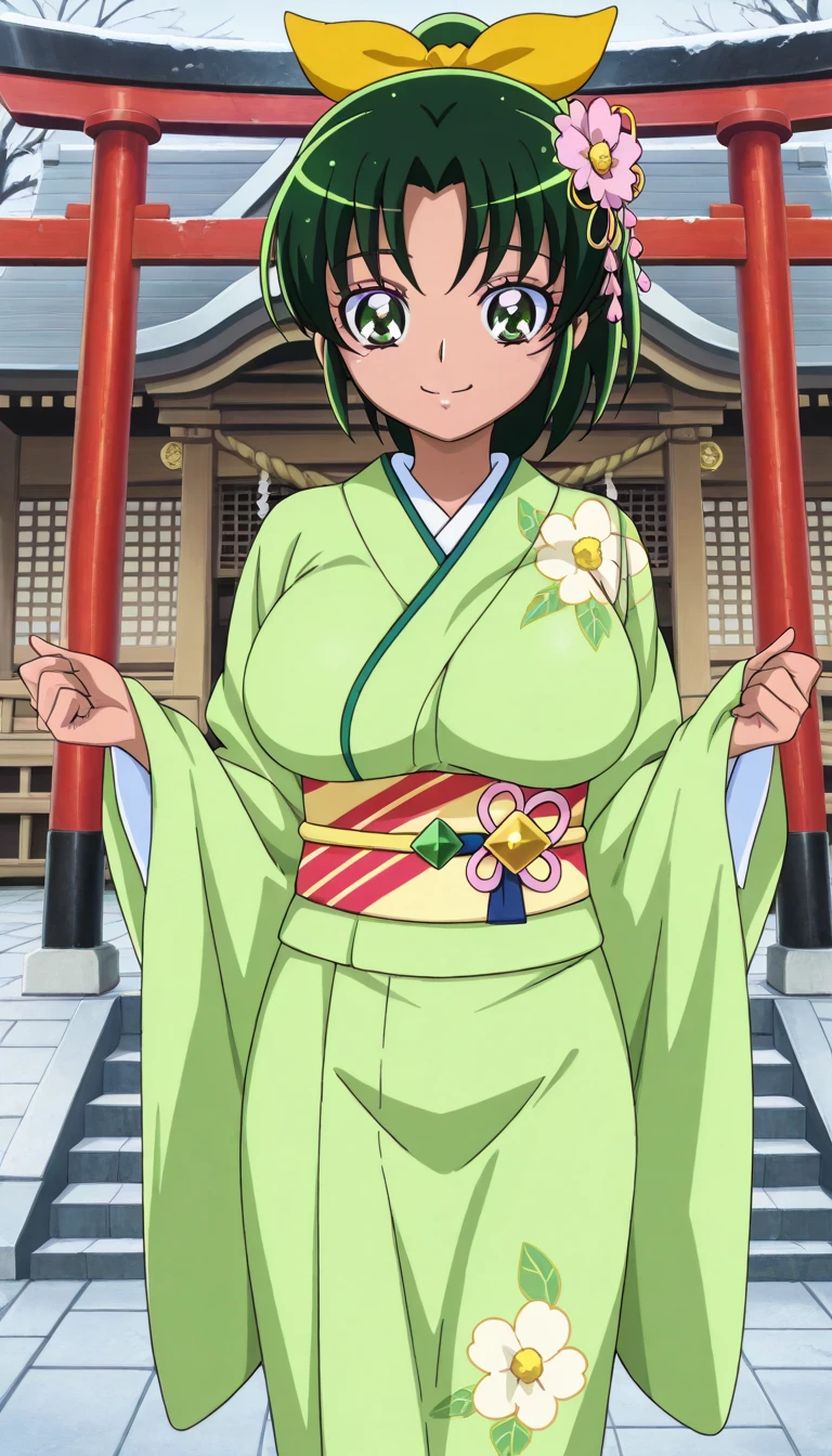  score_9,  score_8_ up,  score_7_ up,  source_anime,  (anime coloring, anime screencap:1.2),  flat color,  Shiny Skin,   (Huge breasts,long breasts), (Smile PreCure!),Midorikawa Nao, green hair, green eyes, ponytail, hair ribbon, jyojifuku, Furisode,  kimono, hair ornament, floral print, wide sleeves,smile,one woman,posing,whole body,thin,outdoor,shinto shrine,anime style,mysterious,high quality,masterpiece,highly detailed,winter, New Year,first visit of the year to a shrine,shrine,torii,Daytime