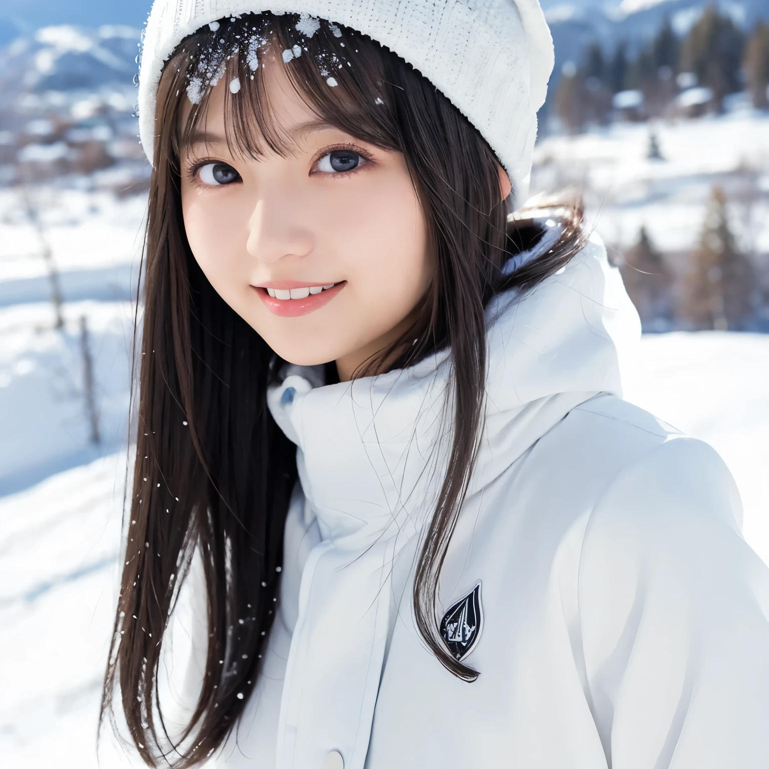 White ski wear, White knit hat,  portrait above the chest , The background blurs the snowy landscape ,  smiling and staring at the camera ,  Angle from Below ,  winter cleanliness and friendly atmosphere,  girl, busty,  black hair,  straight hair,  with bangs, 's greatest masterpiece,  professional lighting