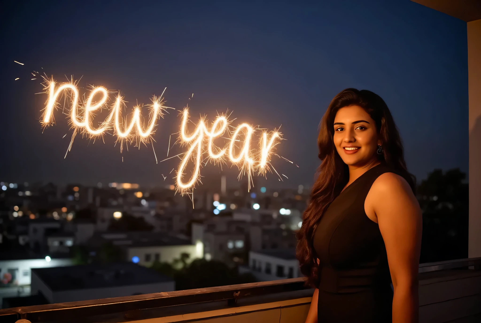 "A woman standing on a city rooftop at night, holding a lit sparkler in her hand. The sparkler creates bright, glowing trails in the dark sky, forming the words 'Happy New Year' in the air as she swings it around. Her outfit is simple but elegant, and the lights from the city below shine brightly, adding to the festive vibe of the scene. The night sky is filled with energy, as the woman's joyful expression reflects the excitement of the moment."