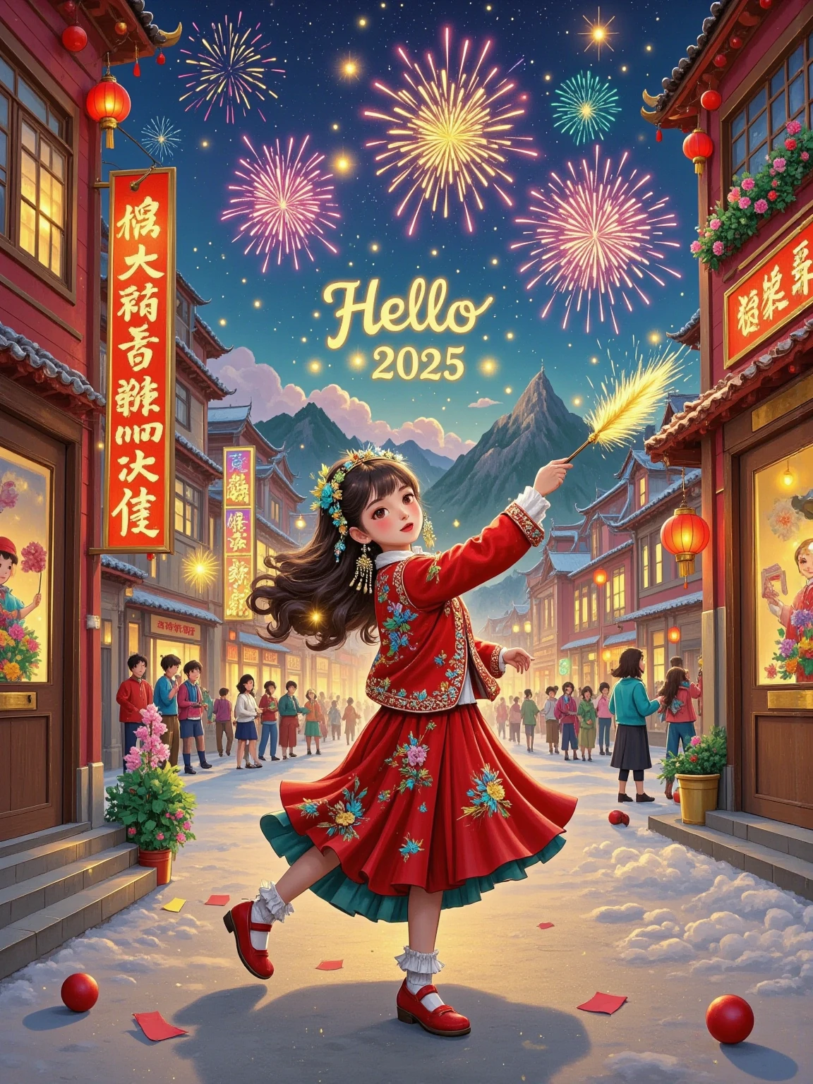 Overexposure，Strong contrast， night view of the city，Commercial Street，The girl holds a fairy stick and fireworks ， and writes “Hello 2025” in the air ， hands to follow the final movement of the copy， snow background，Sense of story，Artistic， film photography ，Burr texture ，Retro filter，night，Overexposure， flash shooting ， flash effect ，Overexposure，Overexposure，闪光灯Overexposure，Minimalism， highly saturated retro color ，Gray tone，mild，Dark parts are brightened，70s vintage photography, vintage, retro style