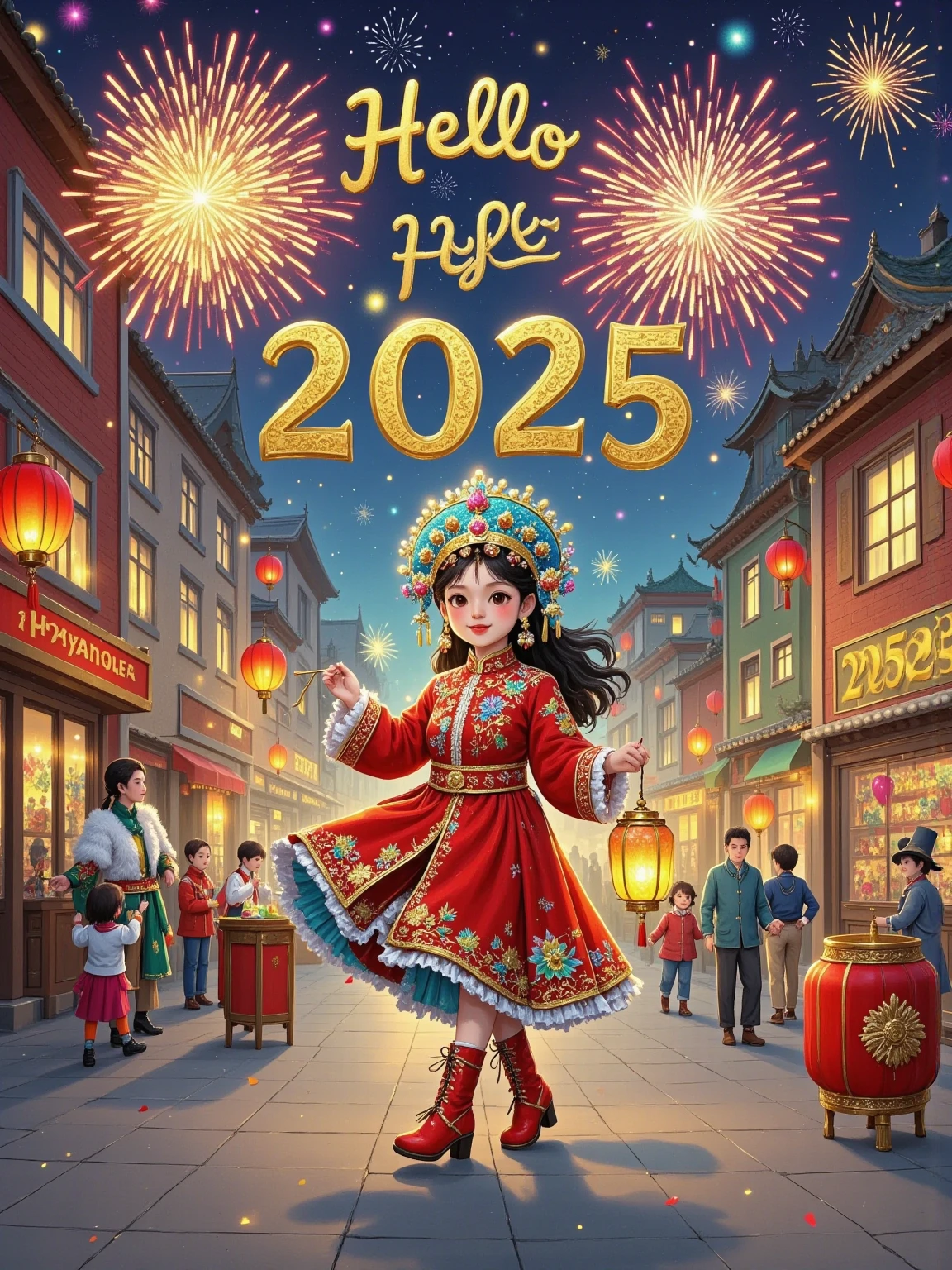 Overexposure，Strong contrast， night view of the city，Commercial Street，The girl holds a fairy stick and fireworks ， and writes “Hello 2025” in the air ， hands to follow the final movement of the copy， snow background，Sense of story，Artistic， film photography ，Burr texture ，Retro filter，night，Overexposure， flash shooting ， flash effect ，Overexposure，Overexposure，闪光灯Overexposure，Minimalism， highly saturated retro color ，Gray tone，mild，Dark parts are brightened，70s vintage photography, vintage, retro style