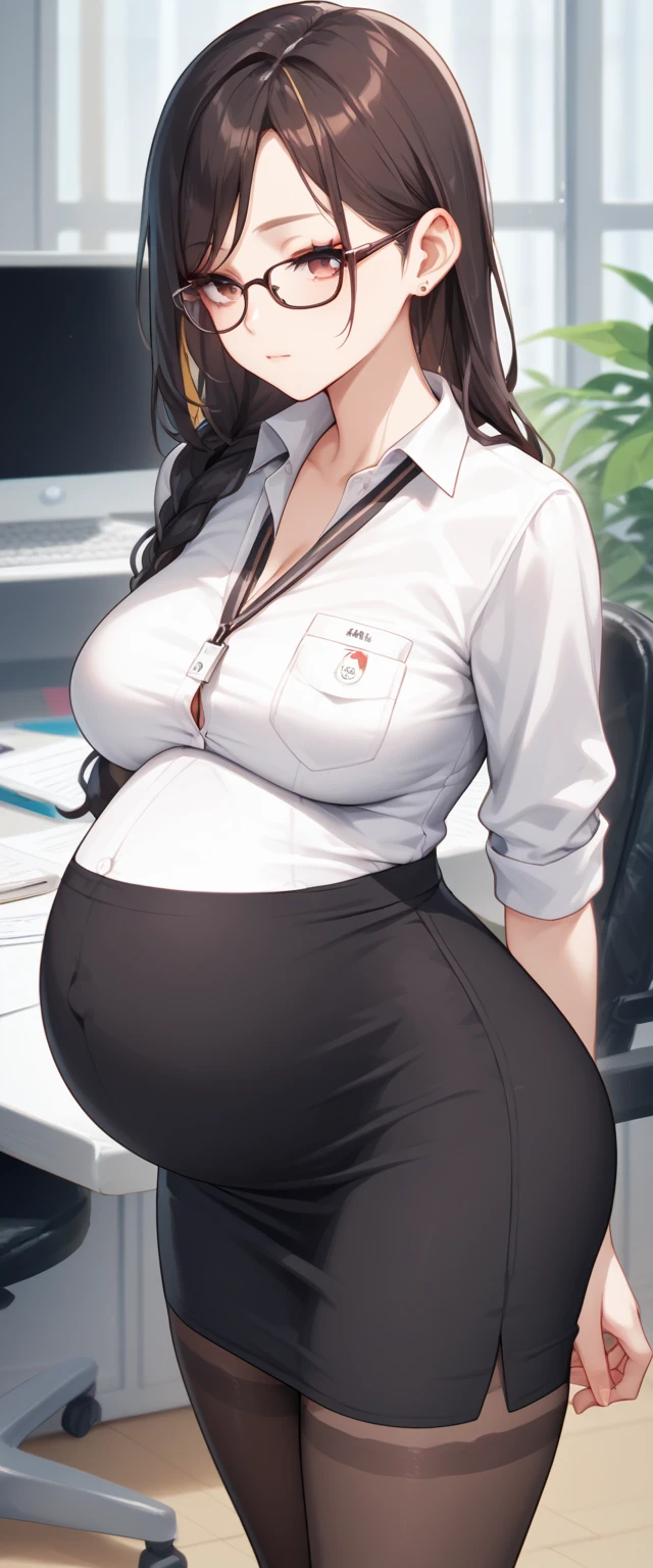 Alexandria Ocasio Cortez, masterpiece quality, (masterpiece quality:1.3), high res, realistic, lots of detail, alone, 1girl, (1girl:1.9), solo, in a office, office computers in background, paperwork in background, long hair, (long hair:1.5), black hair (black hair:1.5), wearing choker collar, wearing business outfit, wearing black lace bra, (black bra:1.5), wearing black lace panties, (black lace panties:1.5), wearing fishnet stockings, (fishnet stockings:1.5), chubby body, fat belly, (fat belly:1.5), big breasts, (big breasts:1.5), lots of cleavage, worried, (worried face:1.5), blushing, (blushing:1.3),