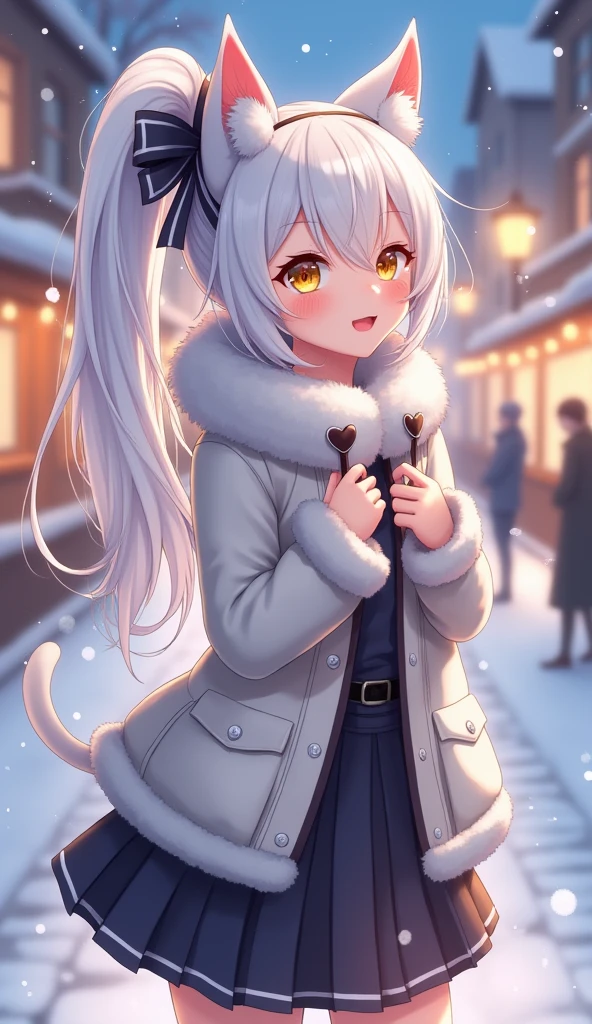 anime-style, White cat girl, white cat ears, white cat tail, masterpiece, highest quality, super high resolution, 8k, wallpaper, perfect anatomy, perfect body, :d, fangs, happy face, side by side with opponent , face towards the other person, golden eyes, white ponytail hair, ribbon, (winter coat, skirt), winter city, illuminations, Christmas style, snowflakes, blurred scenery, cowboy shot, \(symbol\ ),AddXL,good_hands,lens flare,(((TOP QUALITY))),