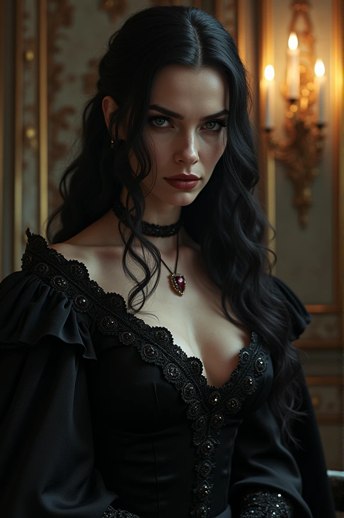 Masterpiece, Yennefer of Vengerberg, high detail plunging sexy gothic dress, intricately detailed background, (UHD, 8K wallpaper, High resolution), Cinematic lighting, award-winning, extremely detailed skin, extra detailed face, high detail eyes, photo-realistic, Zeiss 85 mm F/1.4, by Ellen von Unwerth