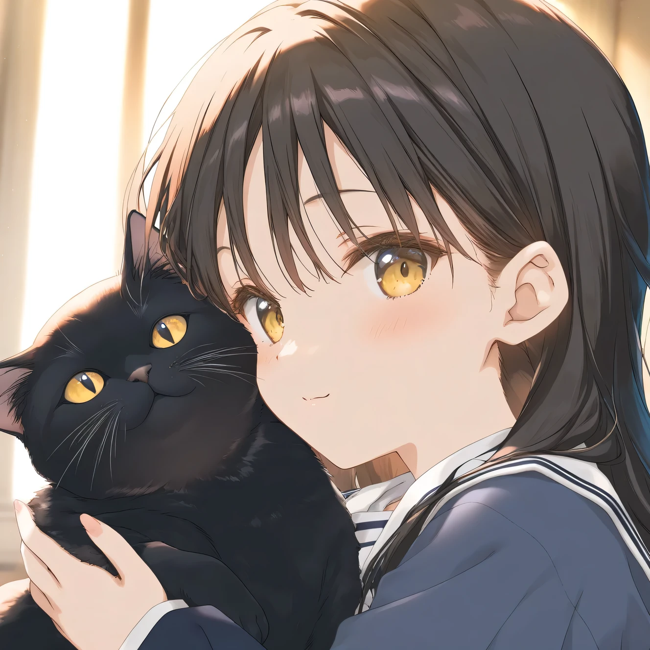 Anime girl holding a black cat in her arms - SeaArt AI