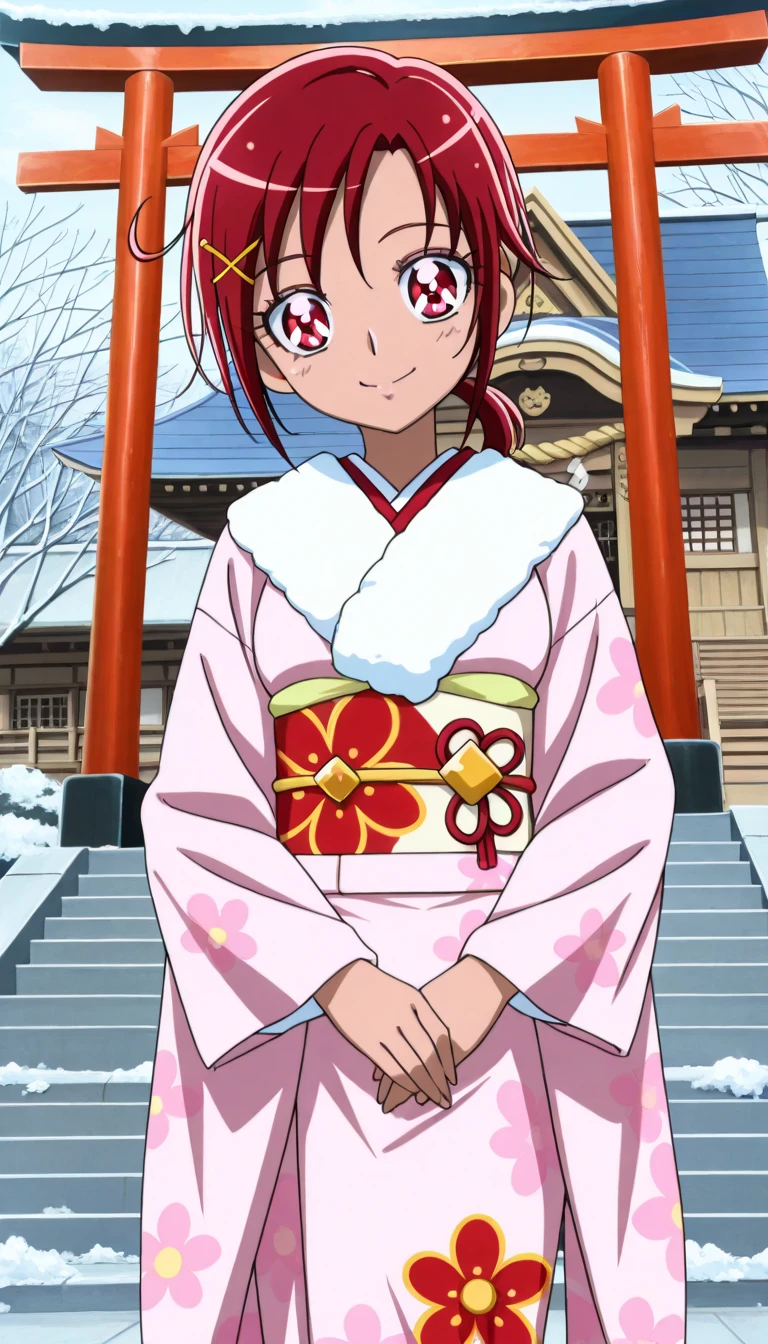 score_9, score_8_ up, score_7_ up, source_anime, (anime coloring, anime screencap:1.2), flat color, Shiny Skin, ( medium breasts ), (Smile PreCure!),Hino Akane SM, red hair, red eyes, short hair, short ponytail
x hair ornament, hairclip, jyojifuku, Furisode, kimono, hair ornament, floral print, wide sleeves,smile,one woman,posing,whole body,thin,outdoor,shinto shrine,anime style,mysterious,high quality,masterpiece,highly detailed,winter, New Year,first visit of the year to a shrine,shrine,torii,Daytime