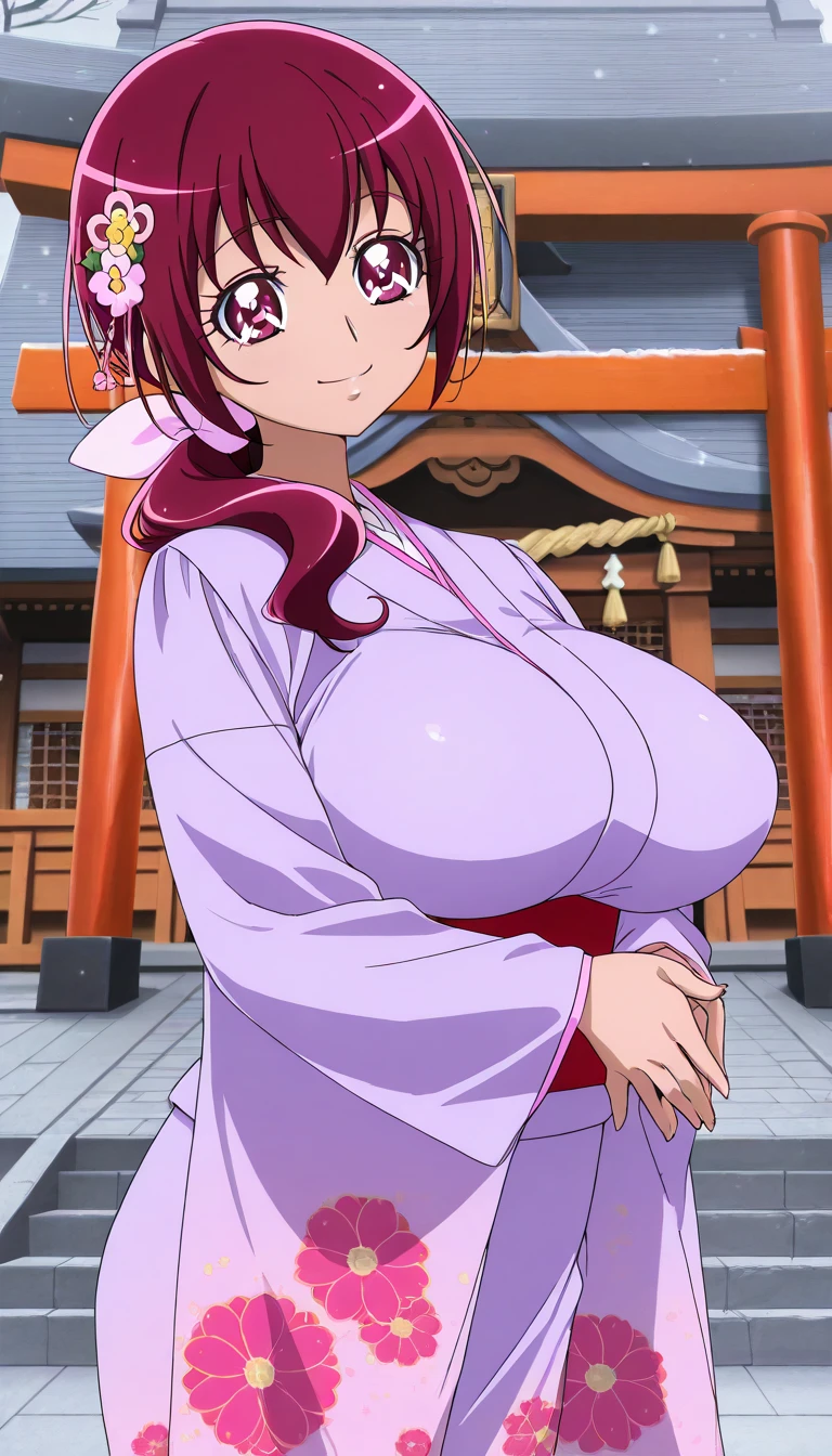  score_9,  score_8_ up,  score_7_ up,  source_anime,  (anime coloring, anime screencap:1.2),  flat color,  Shiny Skin,   (Huge breasts,long breasts),Ikuyo Hoshizora/(Smile PreCure!),purple hair, purple eyes, hair bow,long hair, ponytail,adult woman, jyojifuku, Furisode,  kimono, hair ornament, floral print, wide sleeves,smile,one woman,posing,whole body,thin,outdoor,shinto shrine,anime style,mysterious,high quality,masterpiece,highly detailed,winter, New Year,first visit of the year to a shrine,shrine,torii,Daytime