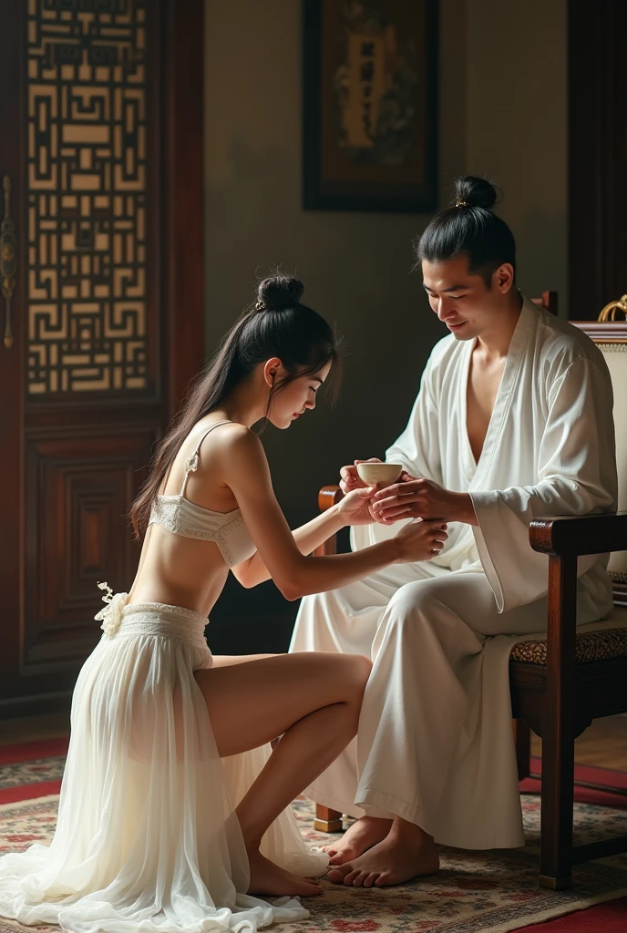 An ancient Chinese beauty。The husband of this beautiful woman grabbed one of her feet with one hand。The other hand is tickling the soles of this beautiful woman's feet