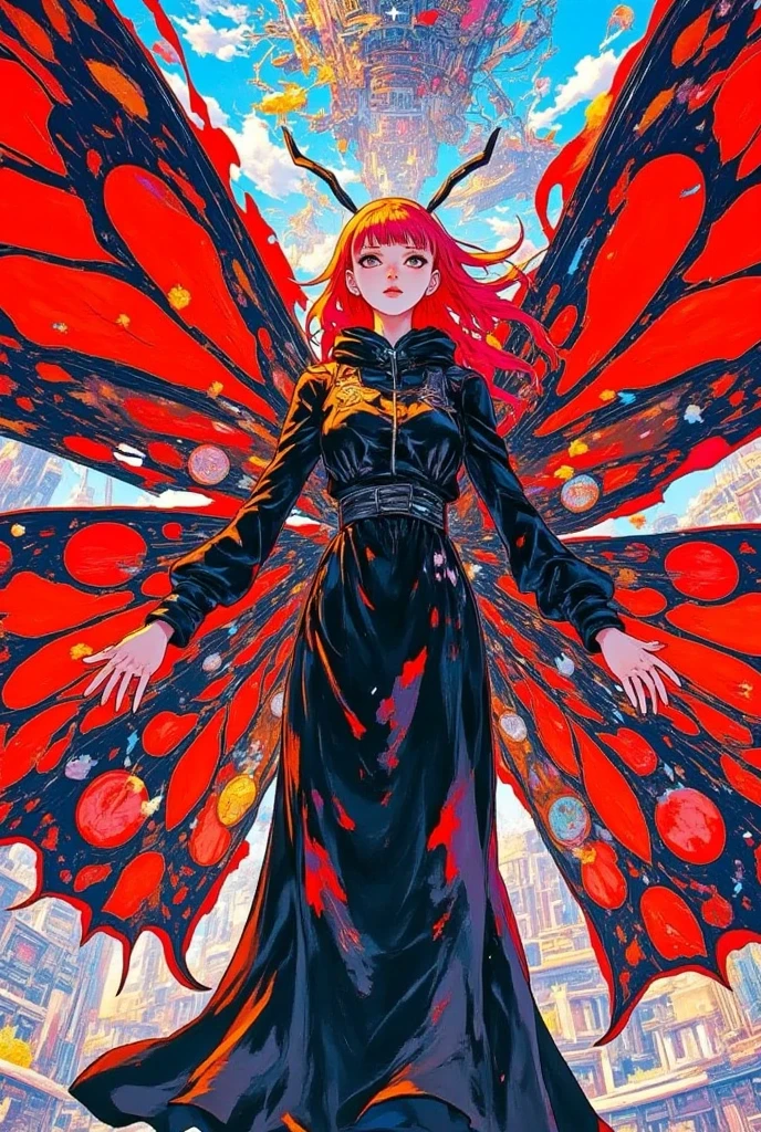 (masterpiece, top quality :1.2), Alone,goddess/( Beautiful like a statue 、Long red hair 、 The body is made of stained glass、like a butterfly、red-black huge wings),ultra wide shot,from below,abstraction painting