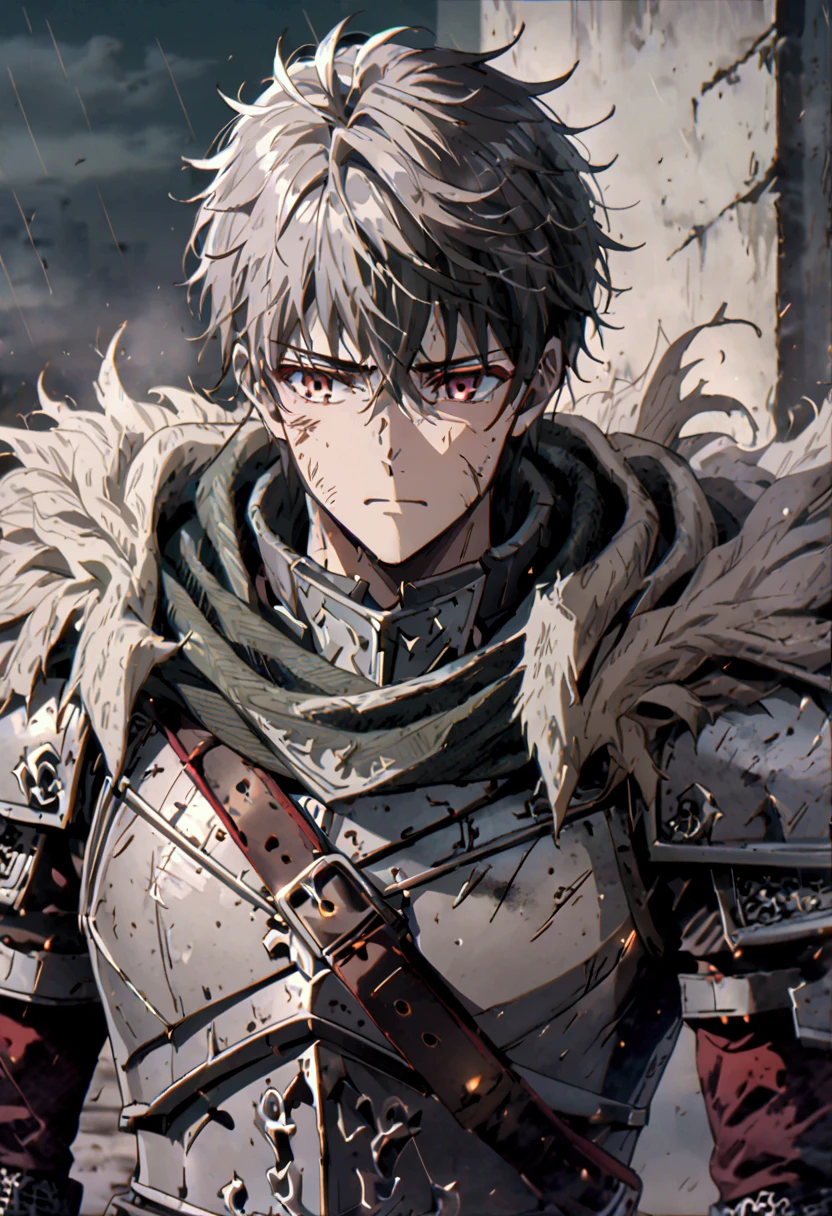 ((best quality)), ((masterpiece)), (detailed), 1man, anime, ((beautiful)), grey damaged up bulky heavy knight armor, knight armor, helmetless, black messy handsome hair, handsome hair, black hair, messy hair, dark grey knight armor without an helmet, dark grey armor, crimson color eyes, crimson eyes, pale skin, pale, rainy and foggy medieval classical aesthetic background, red crimson torn long cape, red crimson torn long shoulder capes, red crimson torn cape, torn cape, damaged dirty cape, face expression being careless, Unemotional face expression, ((perfect quality))