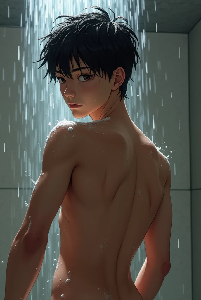 asian man, style of anime, close under the shower, hairless, Unclothed