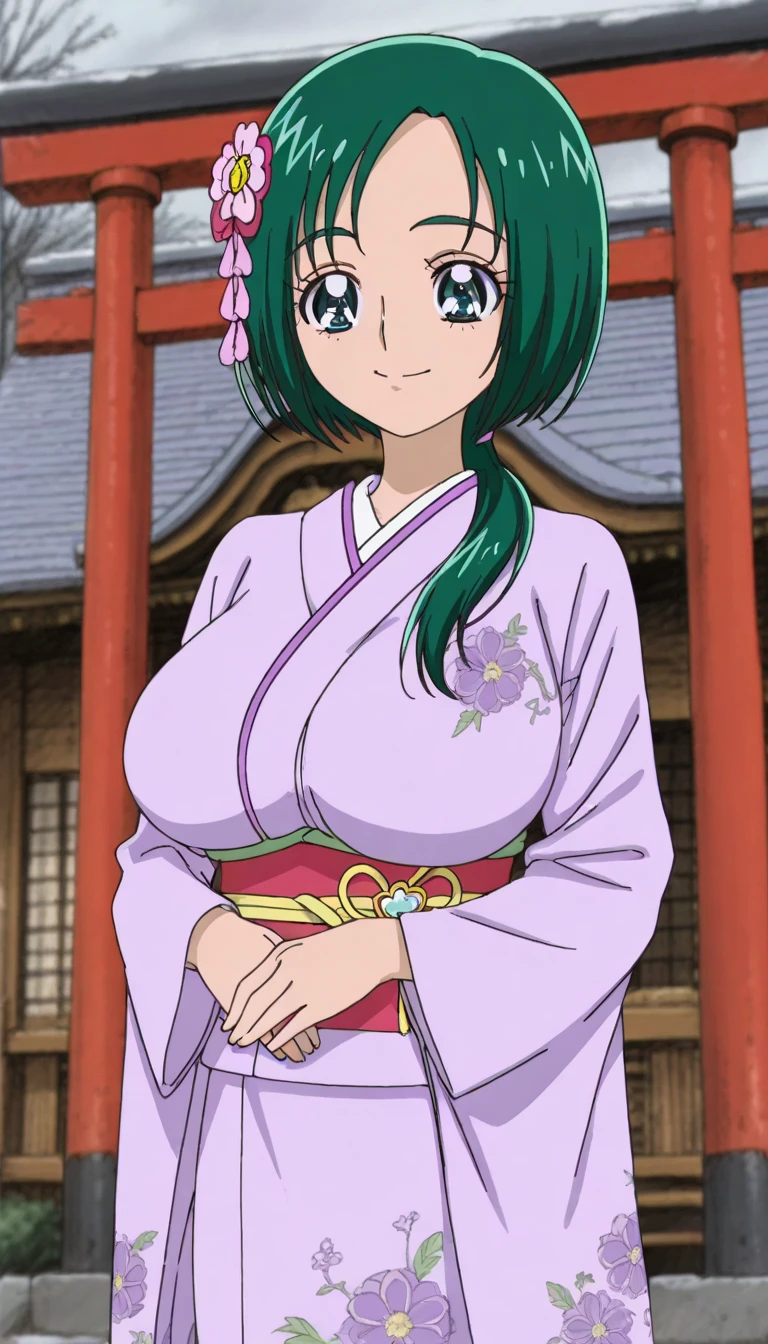  score_9,  score_8_ up,  score_7_ up,  source_anime,  (anime coloring, anime screencap:1.2),  flat color,  Shiny Skin,   (Huge breasts,long breasts),(Smile PreCure!),akimoto komachi, green hair, parted bangs, short hair, low ponytail, jyojifuku, Furisode,  kimono, hair ornament, floral print, wide sleeves,smile,one woman,posing,whole body,thin,outdoor,shinto shrine,anime style,mysterious,high quality,masterpiece,highly detailed,winter, New Year,first visit of the year to a shrine,shrine,torii,Daytime