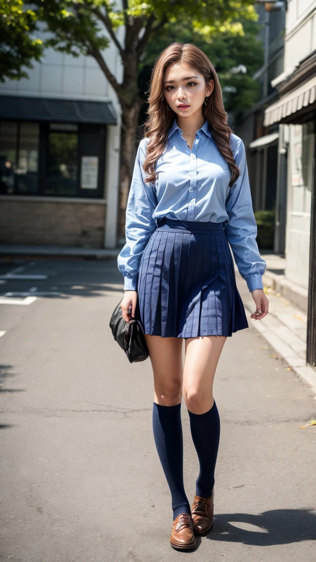 a beautiful 18 year old Japanese high school girl with perfect anatomy, healthy thighs, beautiful legs, beautiful skin, random hair color and style, large breasts, (wearing a Japanese schoolgirl uniform:1.3), (she is standing:1.2), penny loafers, holding a student bag, full body shot, standing on a city street, (best quality,4k,8k,highres,masterpiece:1.3),(extremely detailed:1.2), photorealistic, ultra-detailed, vivid colors, studio lighting, professional