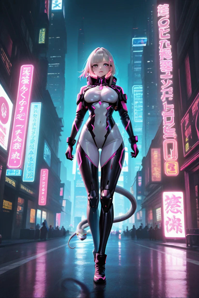  real、 cyberpunk、Rin wears a powered suit with the motif of a snake standing in the city of the near future々Beautiful girl