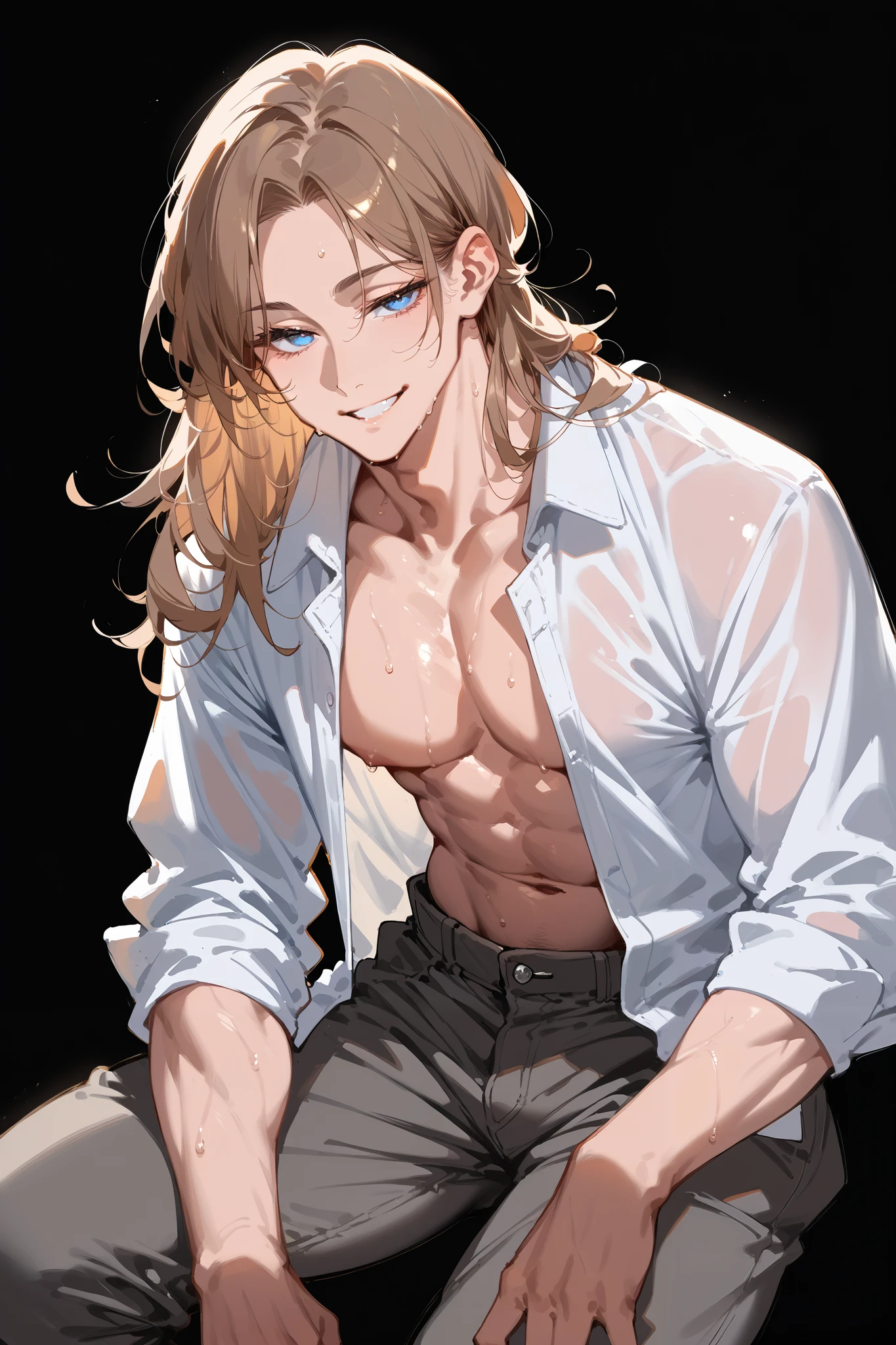 (masterpiece, High resolution, Super detailed:1.0), (1 man, Adult male, 27 years old, Smooth and attractive face), Very tall, just the right amount of muscles, Detailed face, (blonde brown hair, medium long hair, Center-parted bangs), (blue eyes, droopy eyes, long eyelashes), (wearing half-open white shirt, black and gray cotton pants, shows some skin), (sweat, playful, seductive smile: 1.3), ( light black background, front, facing audience), (SuperQuality:1.0)